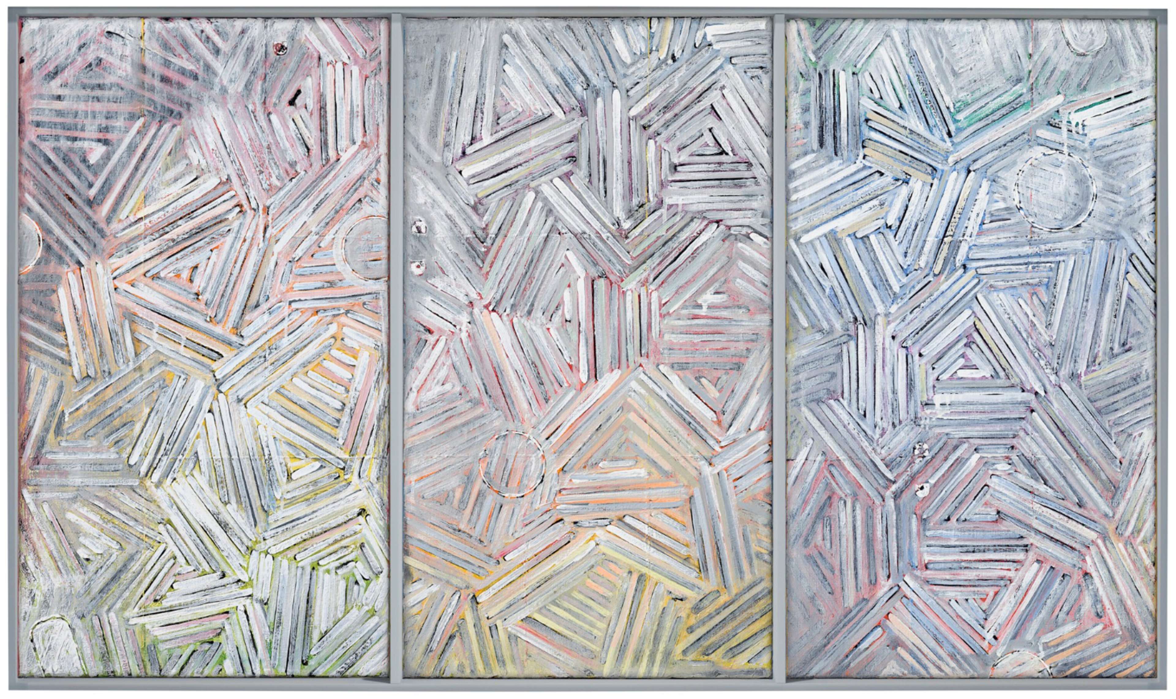  An abstract canvas characterised by pink, blue, green, and yellow pastel shades infused with a wash of grey, displaying carved paint in a cross-hatching pattern. The artwork is divided into three distinct rectangular sections.