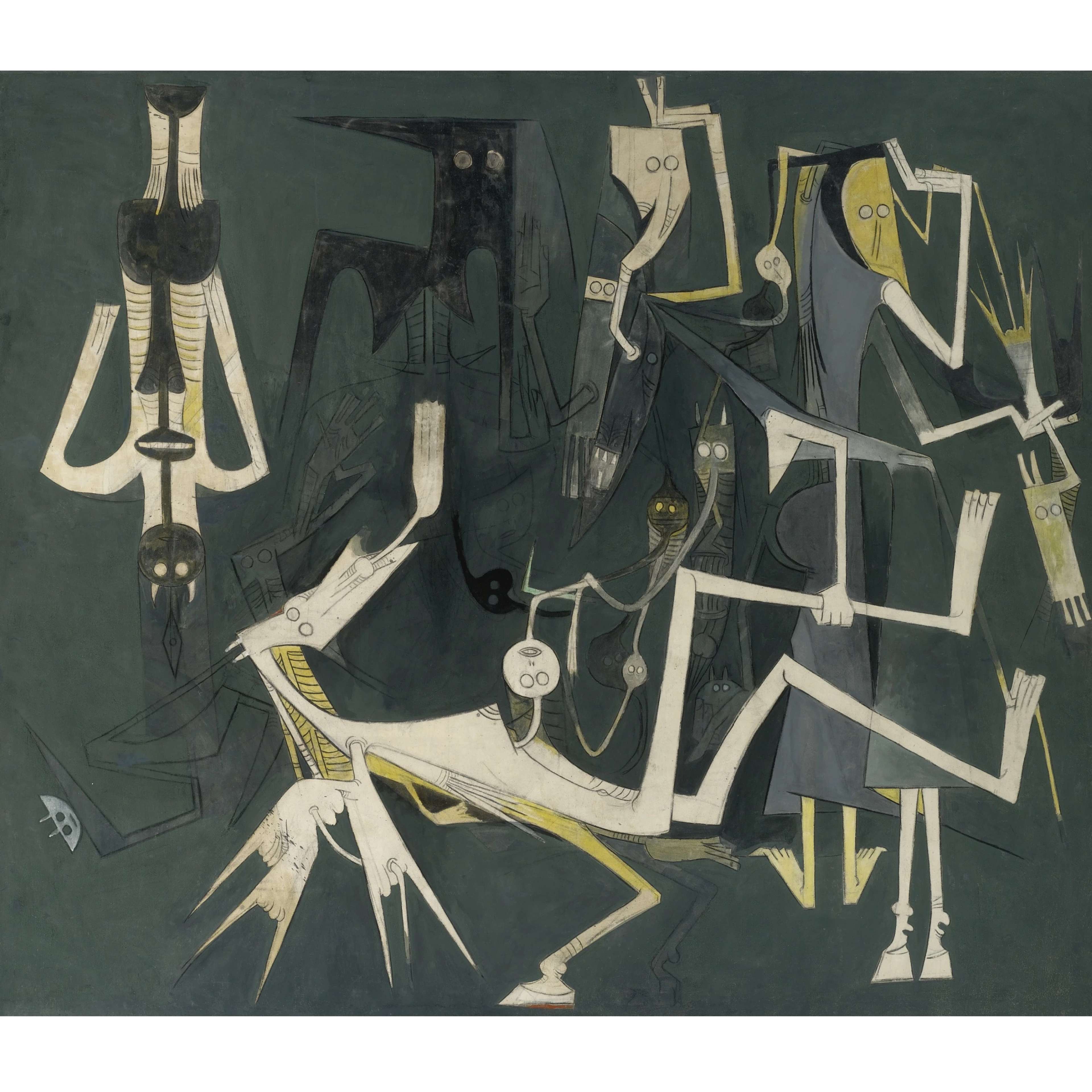 A large oil painting dominated by otherworldly black, white, and yellow figures against a dark green-grey background. The figures, each comprising geometric shapes, narrow limbs, circular eyes, and additions such as claws, wings, or trunks, appear to be in motion. They touch and hold onto each other as if moving as one. 
