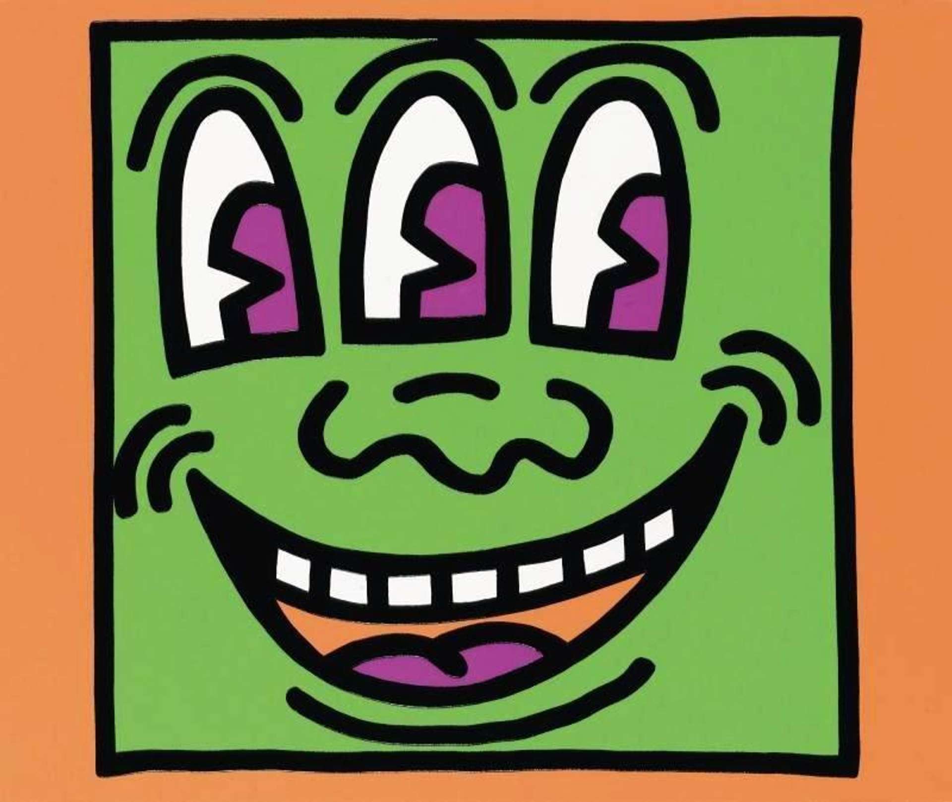 Three Eyed Monster shows an eager and grinning face with three large eyes looking to the side.It is rendered in flat, saturated colours (green, orange and purple) and thick outlines.