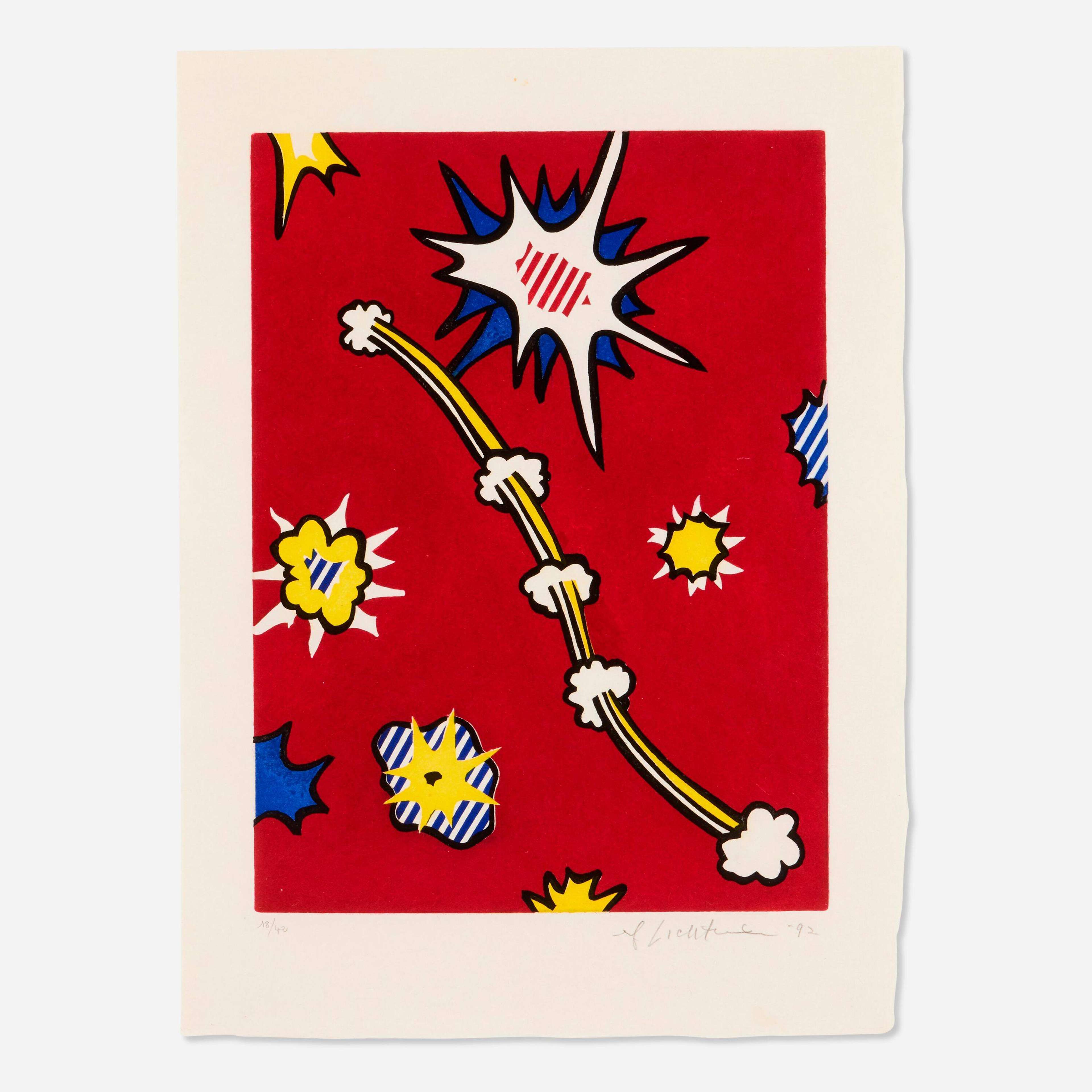 A signed intaglio print by Roy Lichtenstein, titled Illustration For De Denver Au Montana Départ Mai II, depicting stylised mountains and winding roads in bold black outlines with blue, yellow and cream tones, signed in the lower right corner.