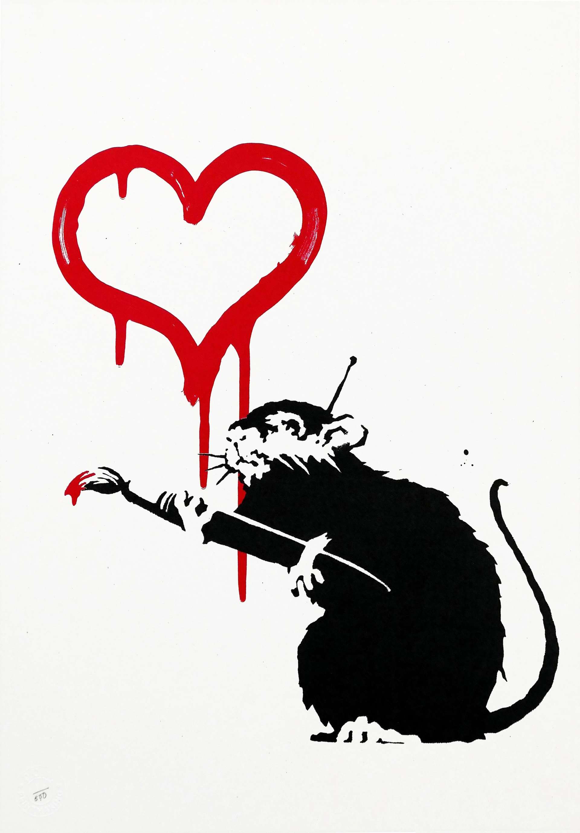 A screenprint by Banksy depicting a rat holding a paintbrush loaded with red paint, with a dripped red love-heart set against the white background.