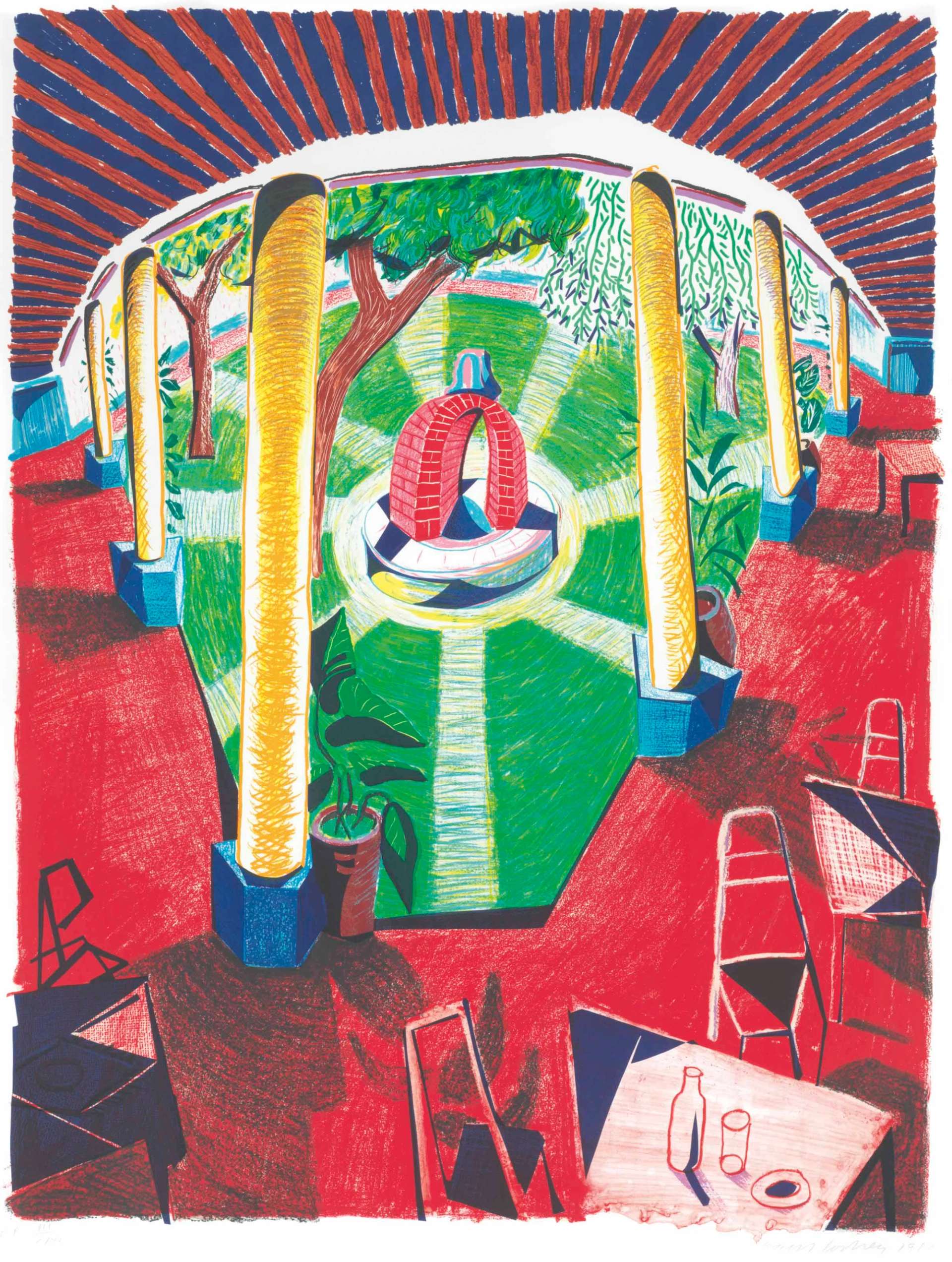 David Hockney’s Views Of Hotel Well III. A lithographic print of the exterior setting of a hotel well and its outdoor patio setting surrounded by pillars.