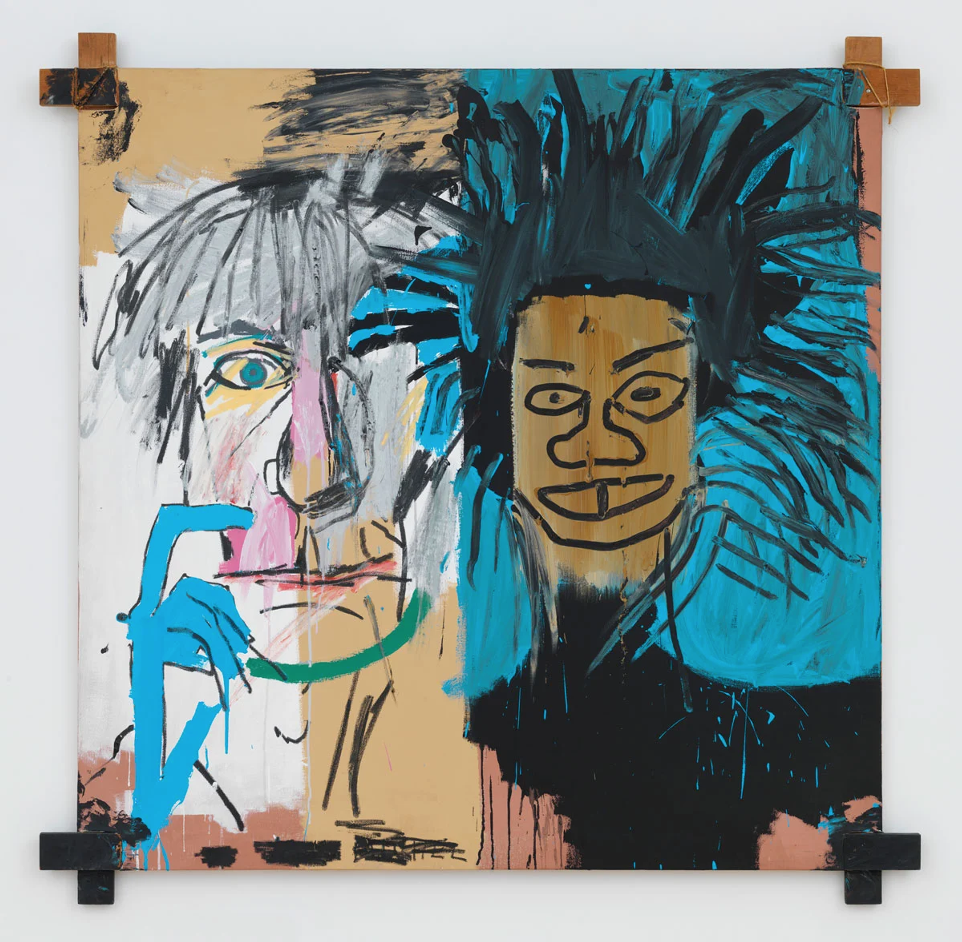 Two heads painted side by side against a white and blue background