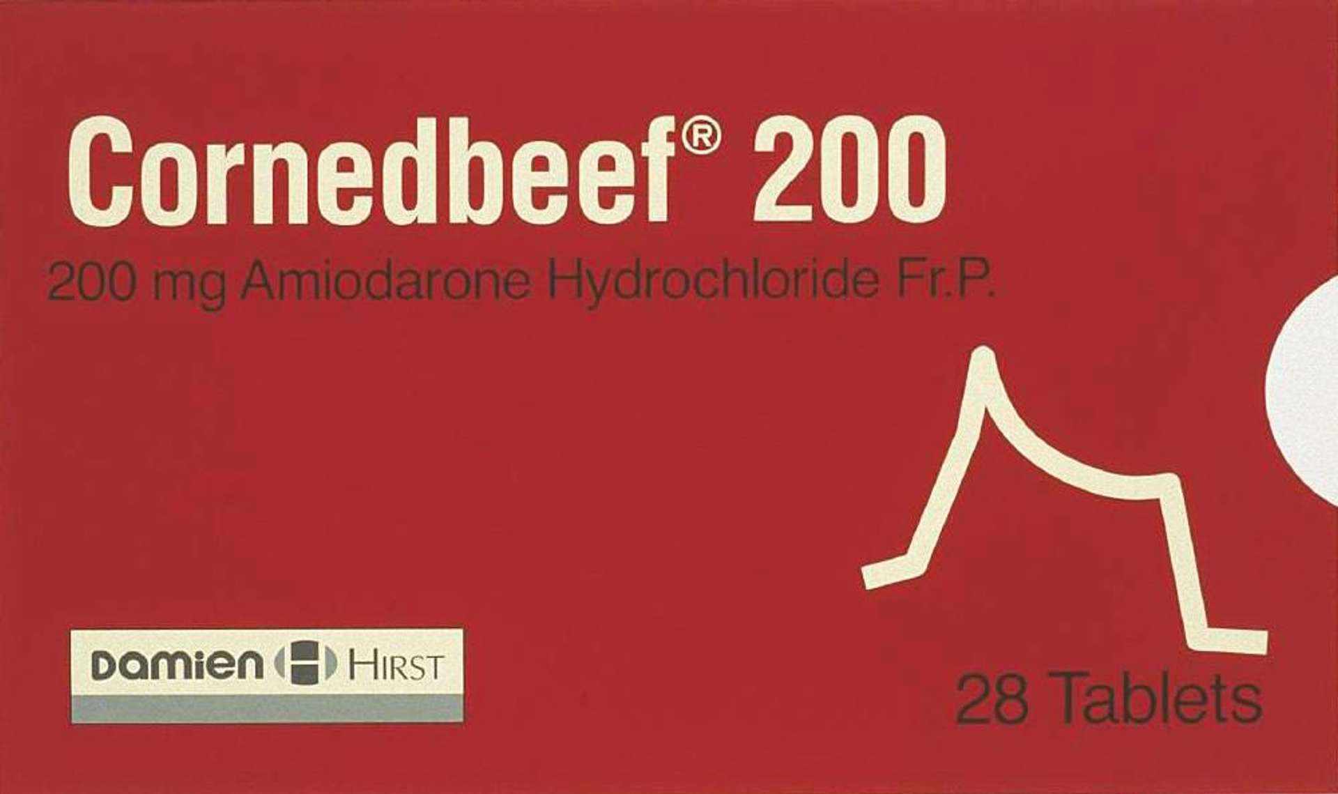 Damien Hirst’s Corned Beef. A screenprint of a red pharmaceutical box with the text “Cornedbeef ® 200”