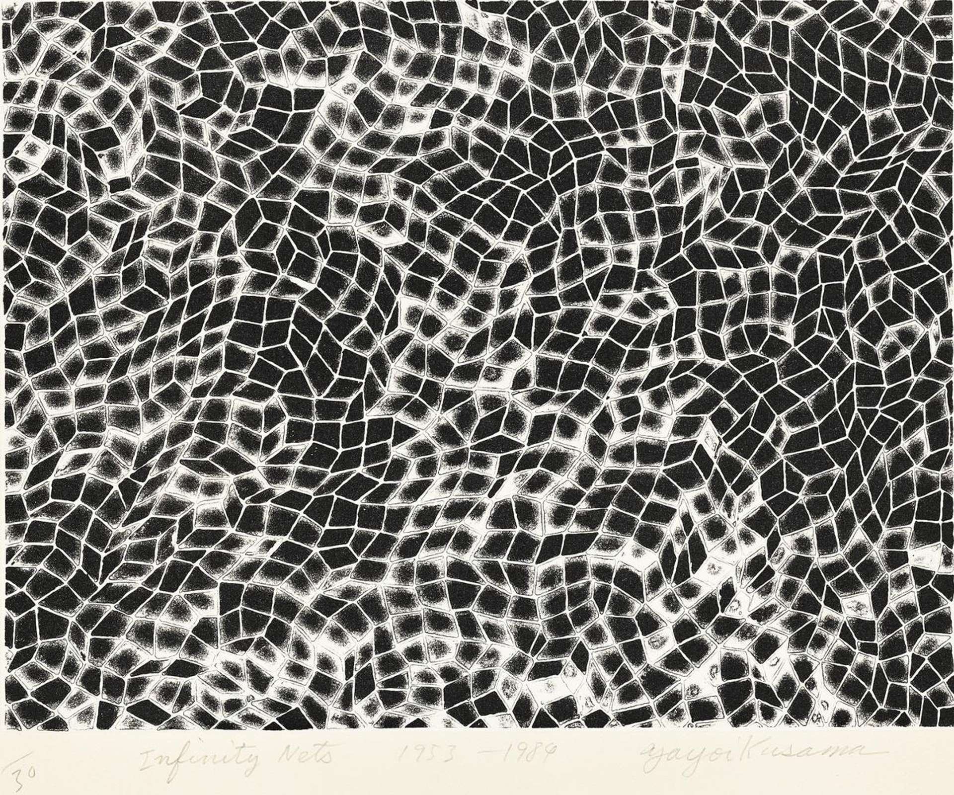 A lithograph print by Yayoi Kusama depicting a patter of ‘Infinity Nets’ in black and white