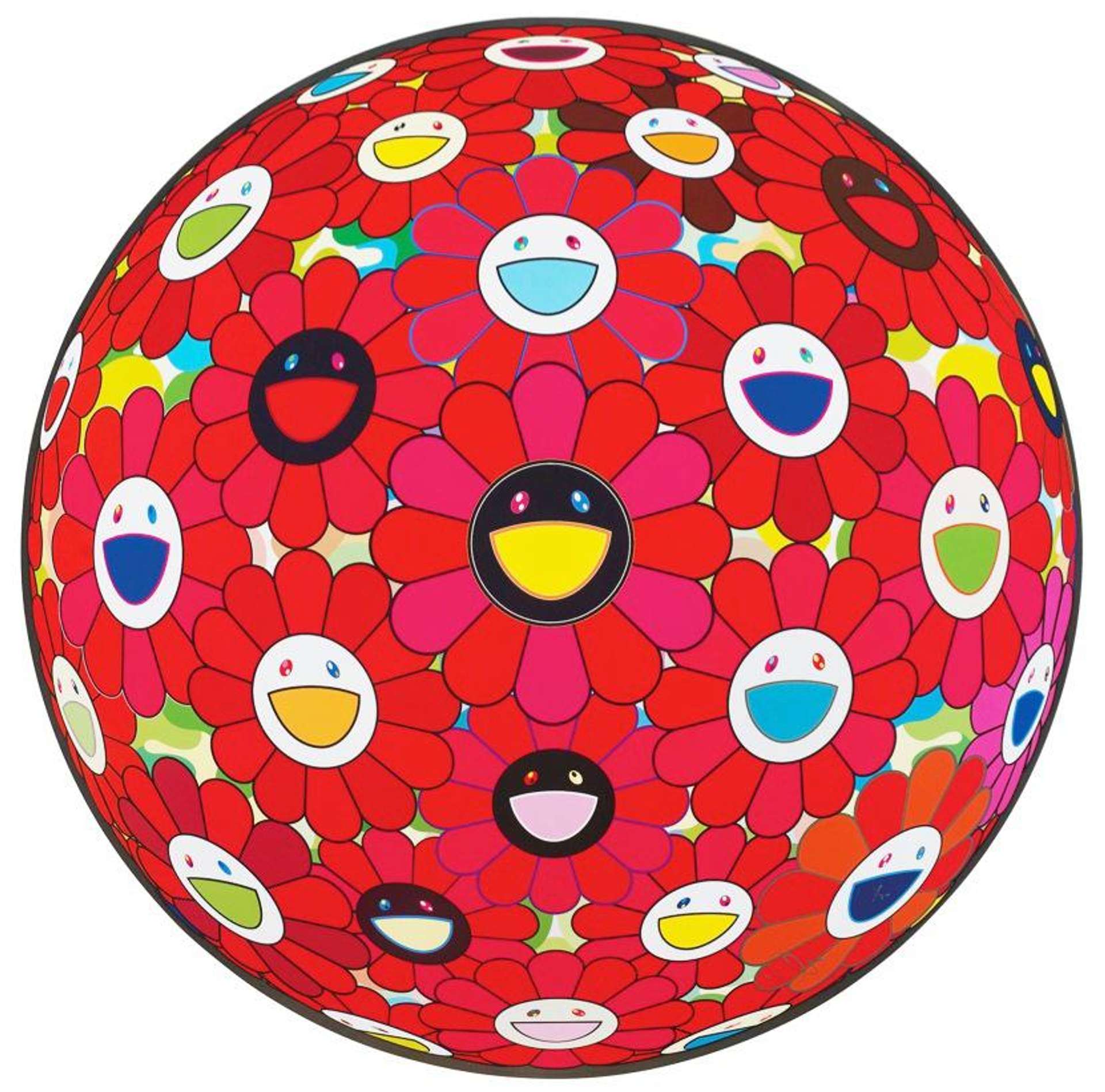 Takashi Murakami’s Flower Ball: Letter to Picasso. A screenprint of a circle filled with red daisy flowers with animated white and black faces.
