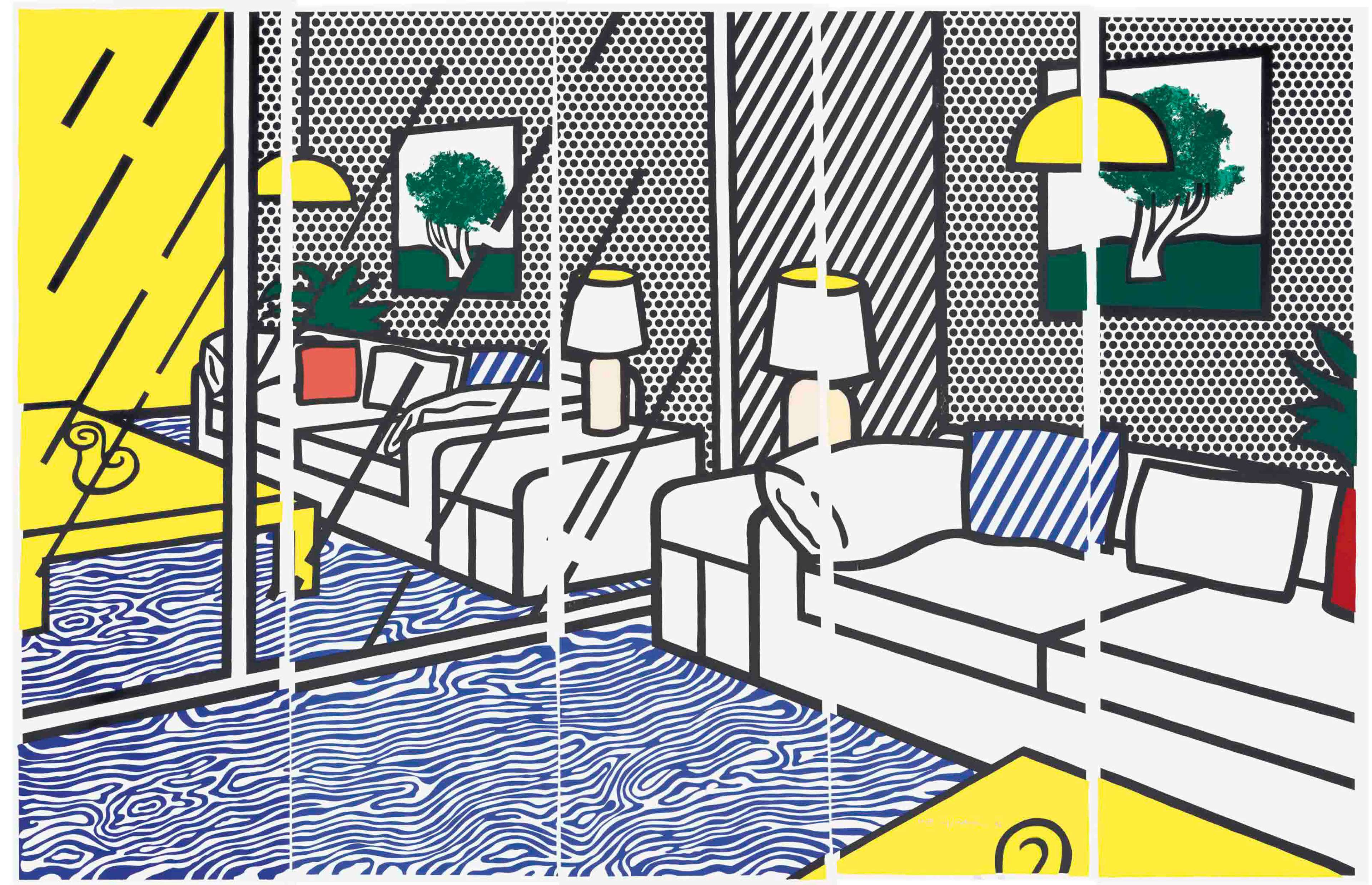 A stylised interior scene with patterned wallpaper and a blue floor, merging decoration and abstraction.