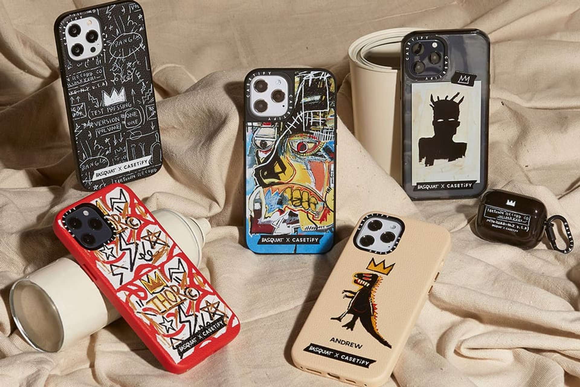 An image of several phone and earphone cases offered by Casetify in collaboration with Basquiat's estate.