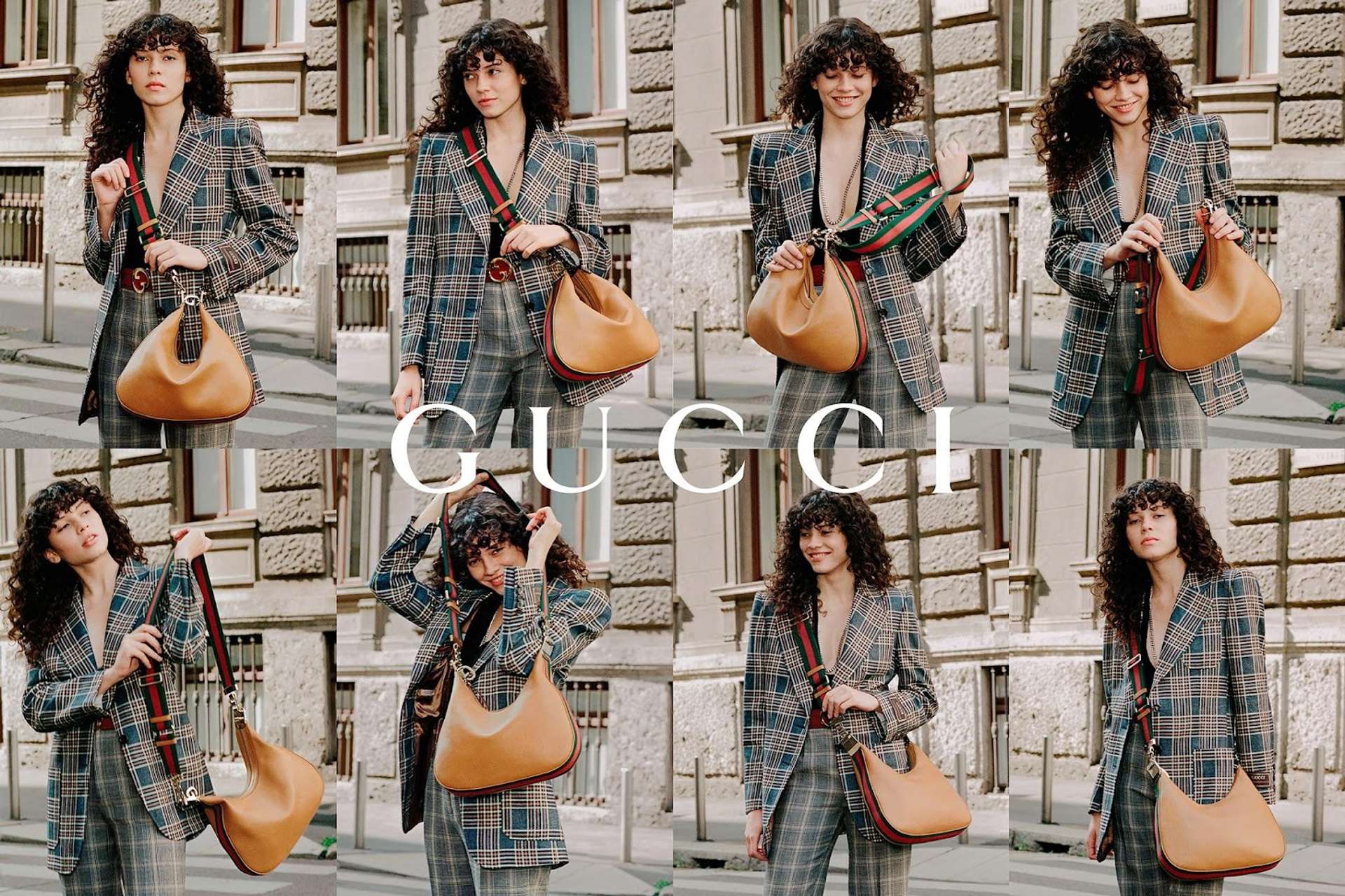 A collage of eight images of a model, wearing a tartan-patterned suit, carrying a Gucci Attaché bag.