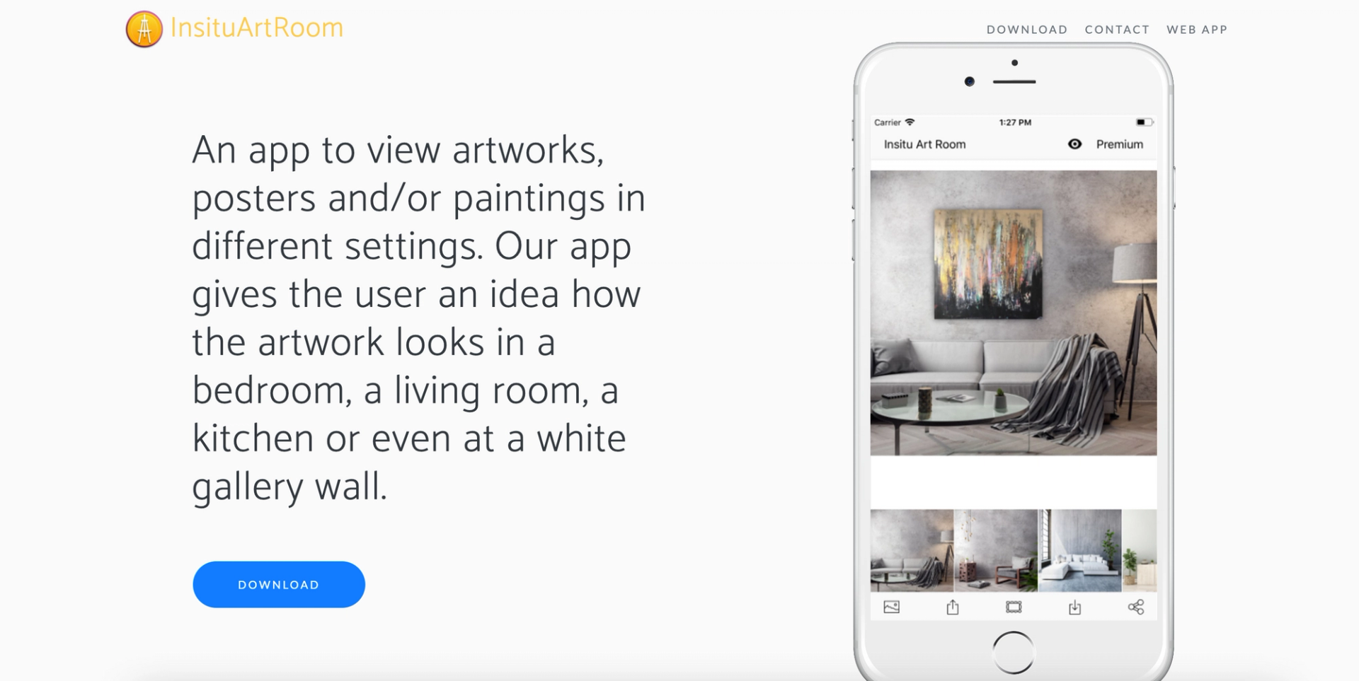 A screenshot of the landing page for the platform InSitu Art Room, showing a cellphone displaying a room with paintings displayed.