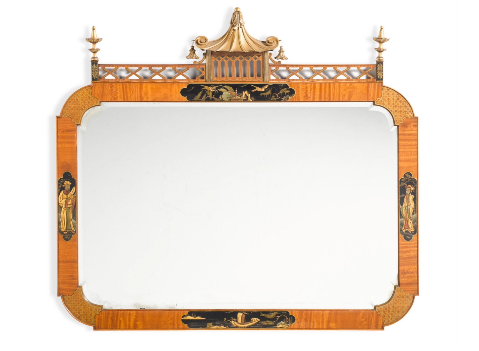 Gilt and black japanned satinwood mirror, with Japanese motifs, once owned by Freddie Mercury.