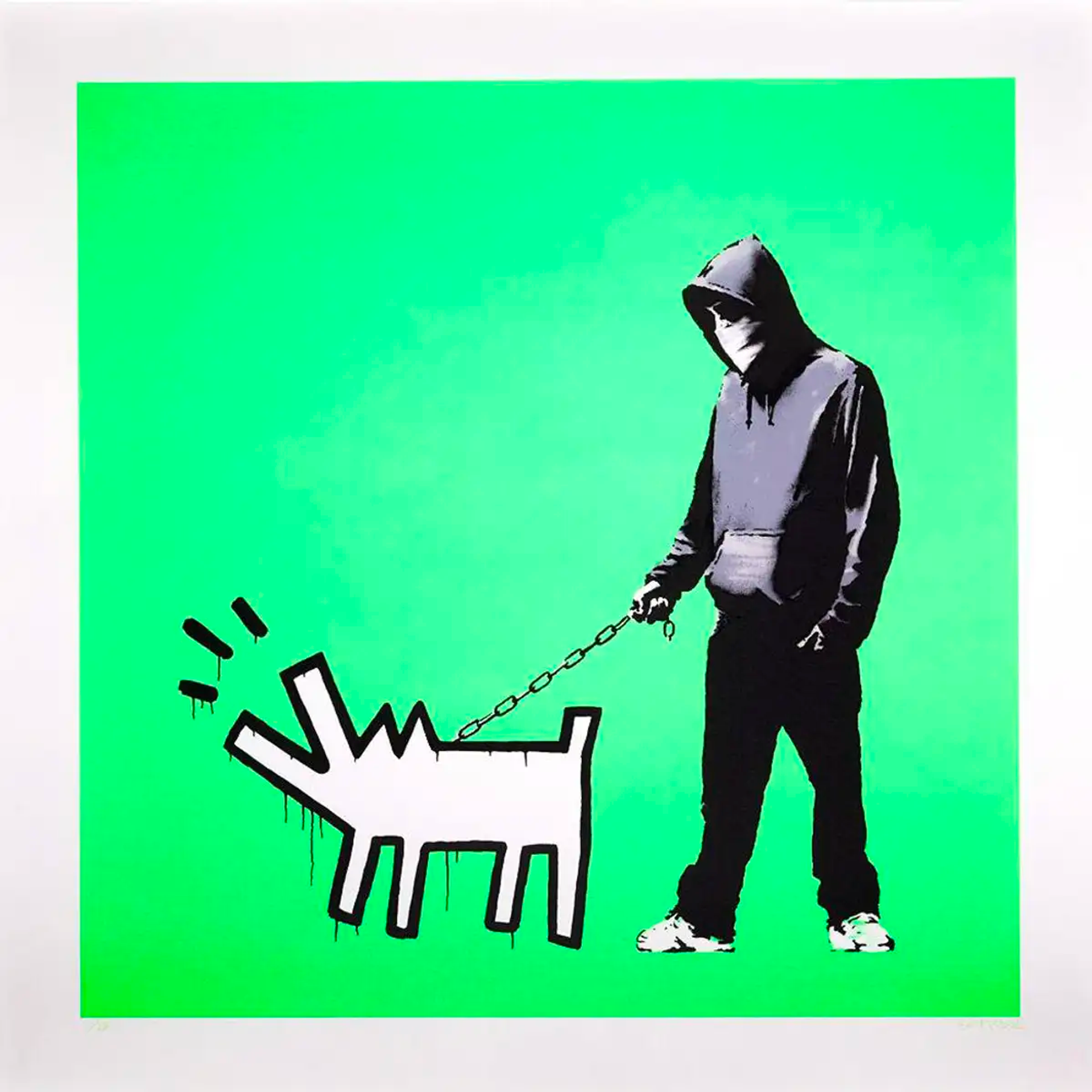 A young man wearing denim and an oversized hooded sweatshirt, with a bandana covering his face and his hood pulled up, stands in a wide stance. He has one hand in his pocket and holds a cartoon barking dog on a chain leash. The artwork is set against a vibrant flourescent green background.