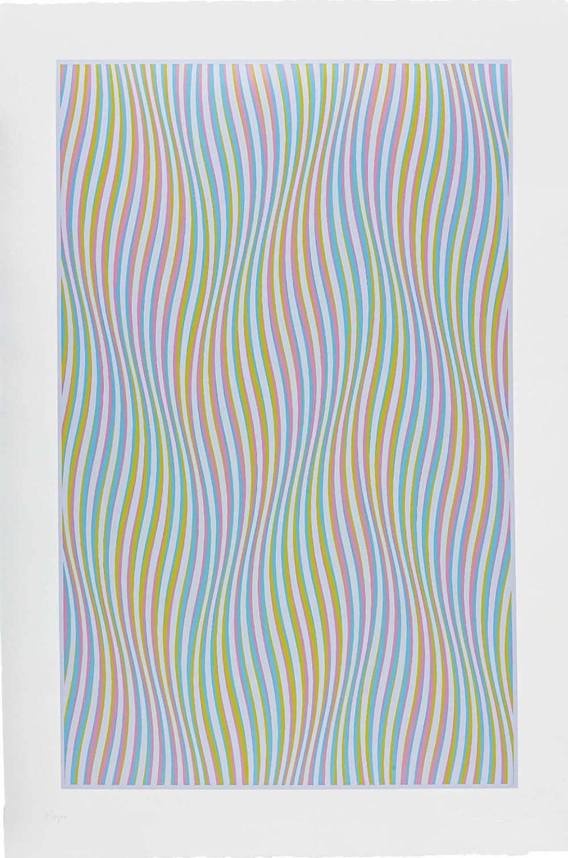A series of fine, wavy colourful lines, creating an optical illusion.