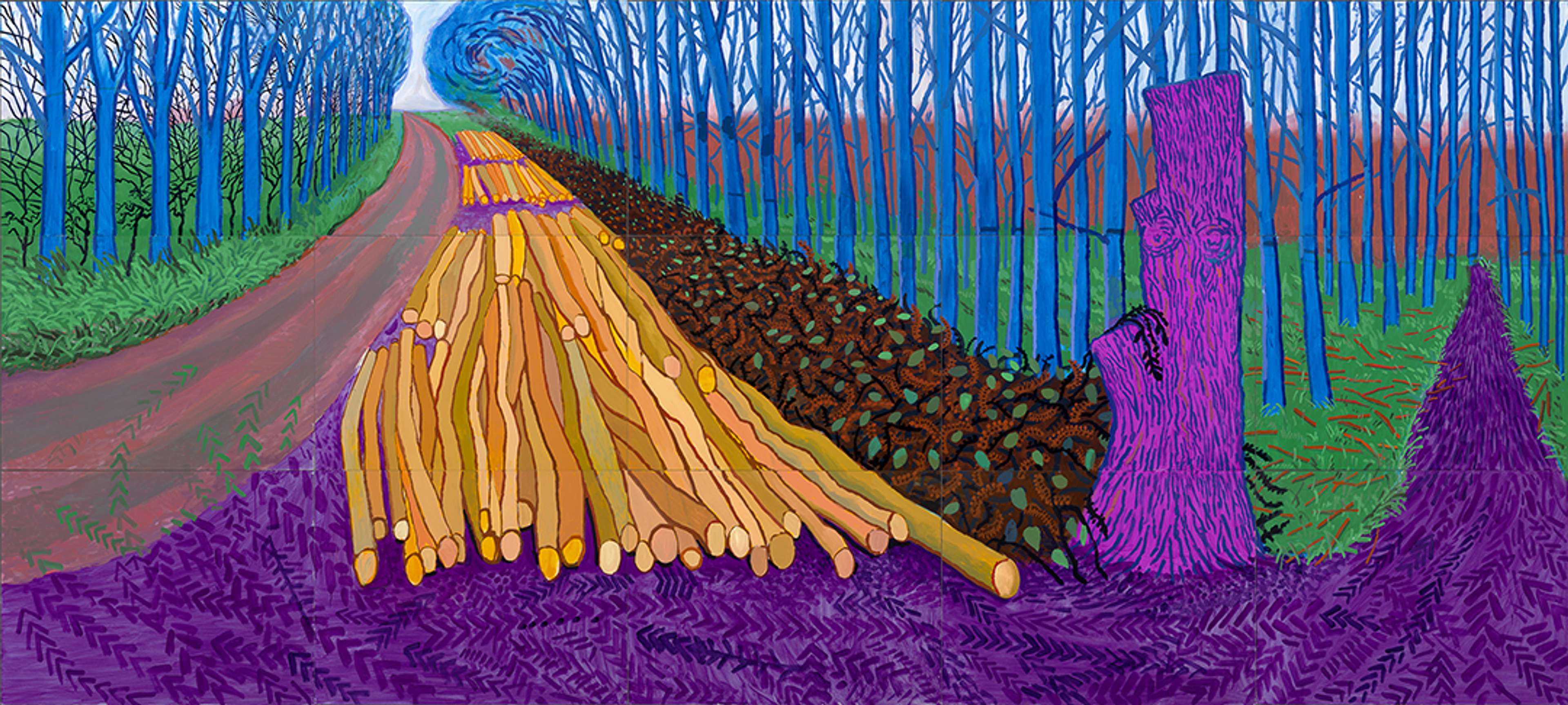 David Hockney’s Winter Timber. An oil on canvas landscape painting of a roadway next to a path of cut down logs.