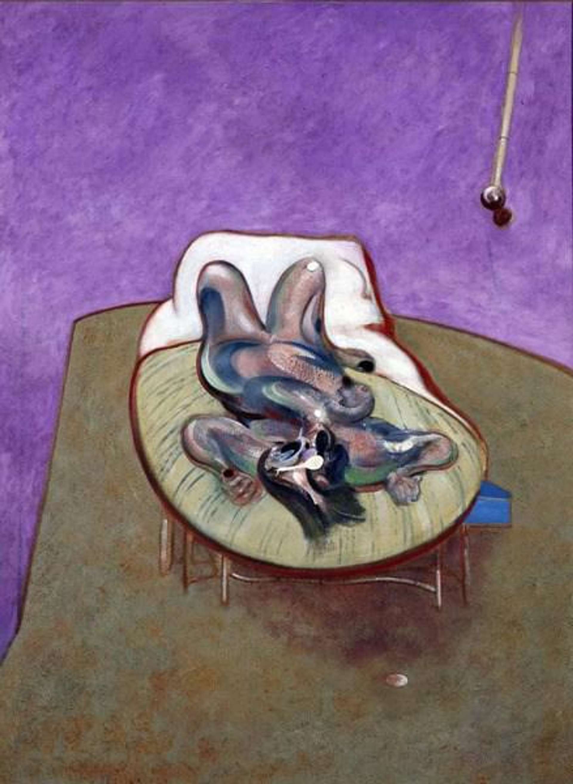 A nude figure lying on a bed in the centre of the panel with legs and arms up surrounded by purple walls