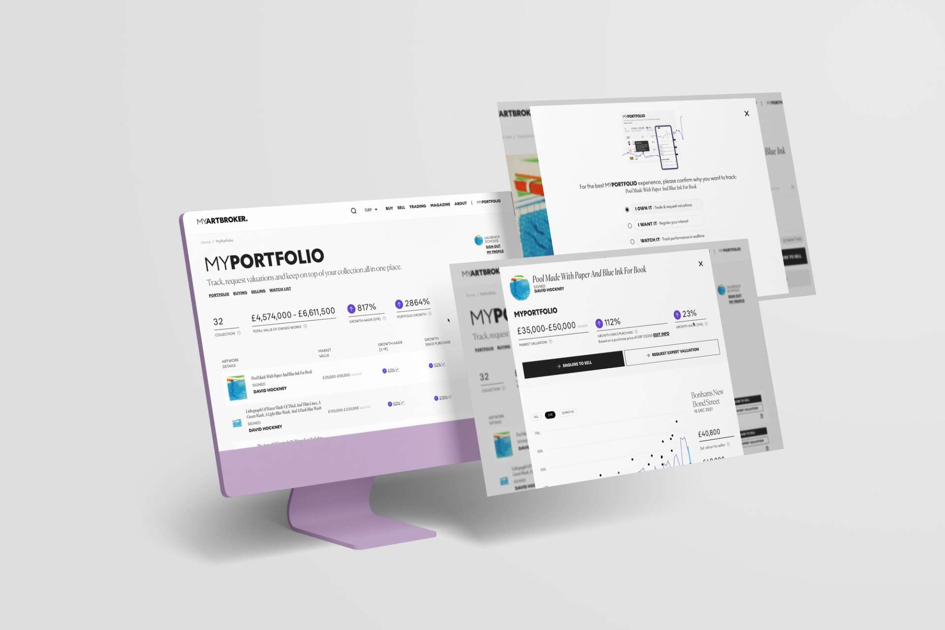 A graphic of computer screens showing MyArtBroker's MyPortfolio dashboard