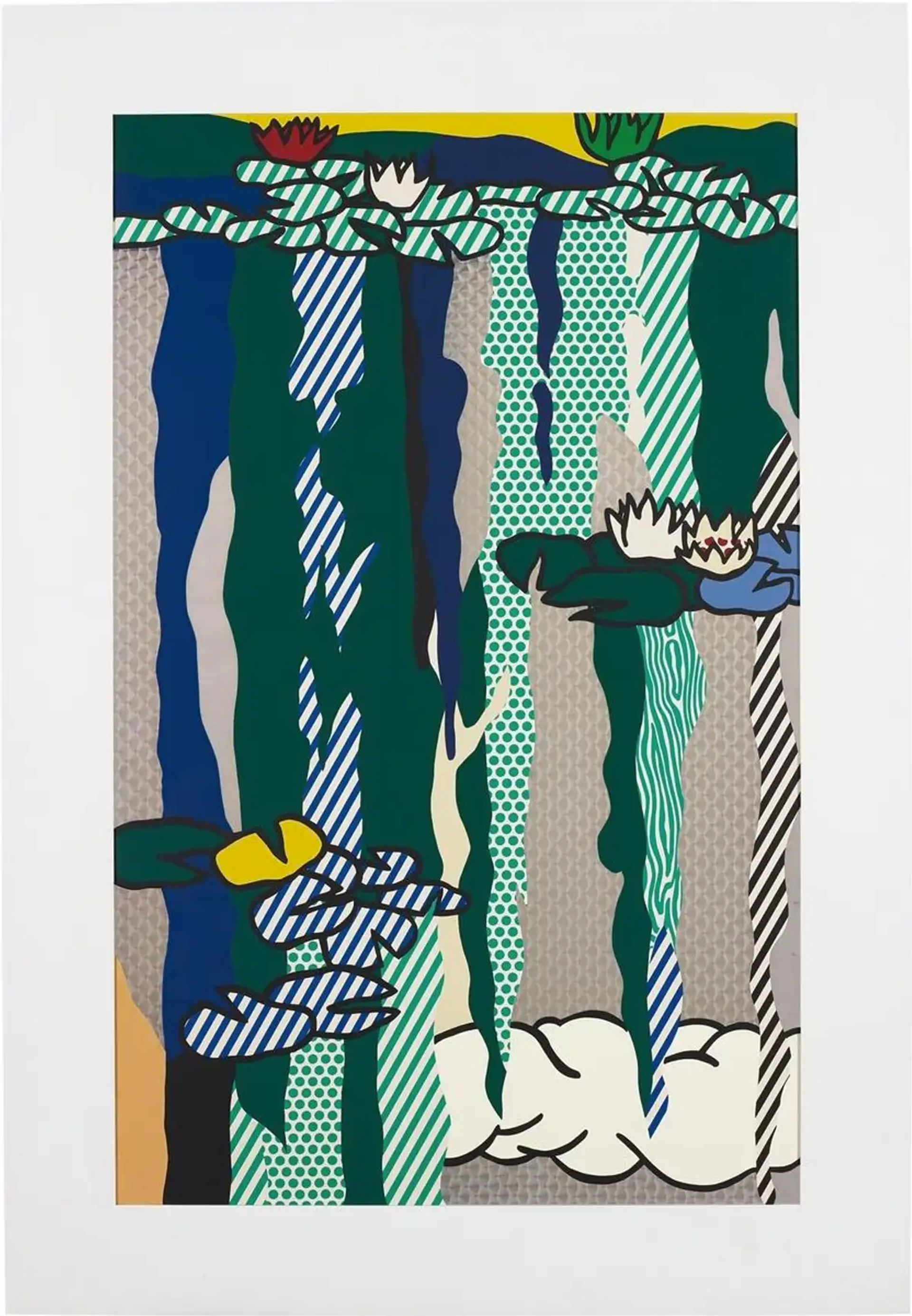 This image shows a print by Roy Lichtenstein. The dense composition incorporates thick diagonal lines, swirly patterns and Ben Day dots in saturated colours. Lichtenstein’s forms suggest vegetation and wood grain as well as the rippled and refracted surface of the water.