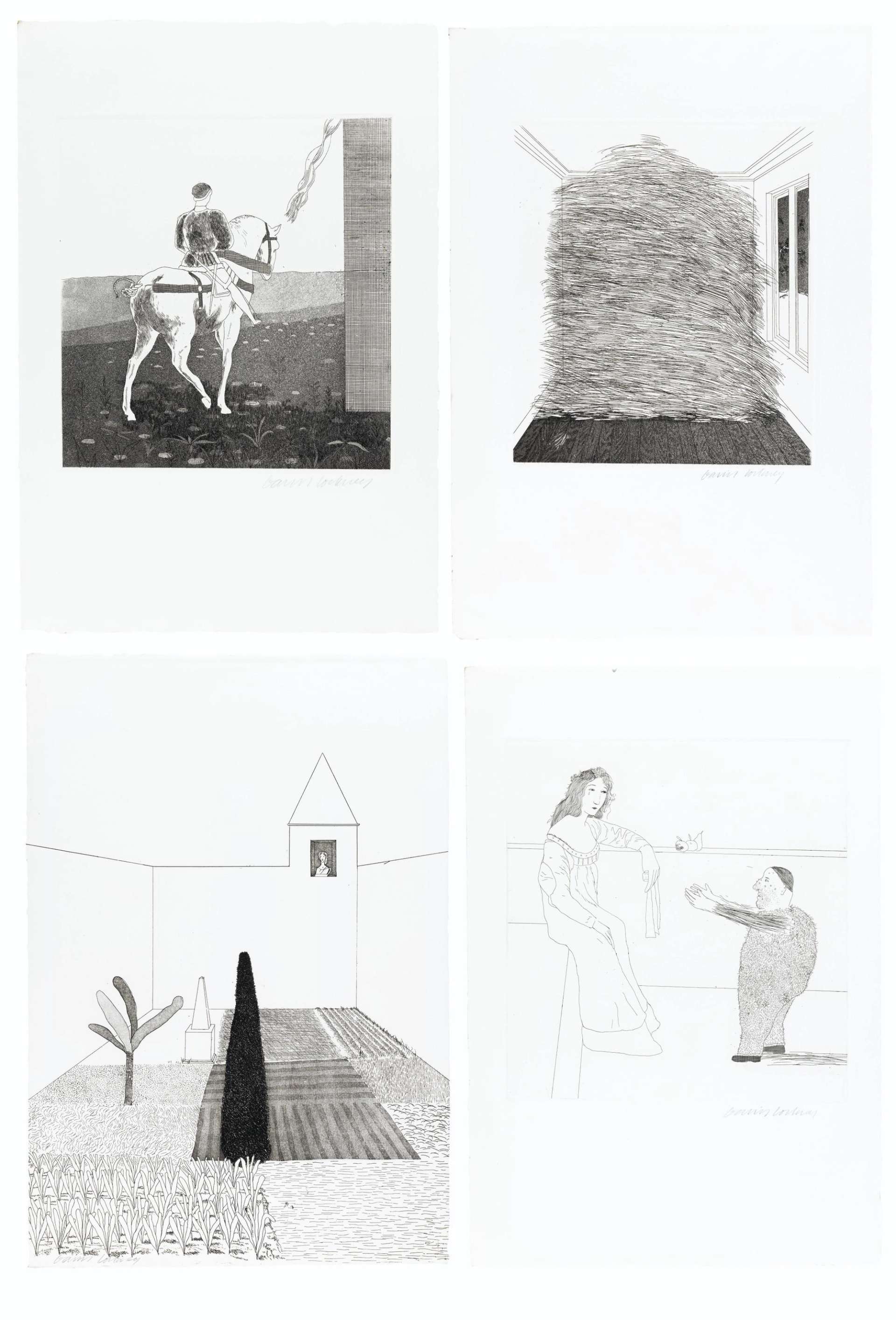 Four prints by David Hockney, showing a knight on a horse, a bale of hay, a house with a tower, and a princess alongside Rumpelstiltskin.