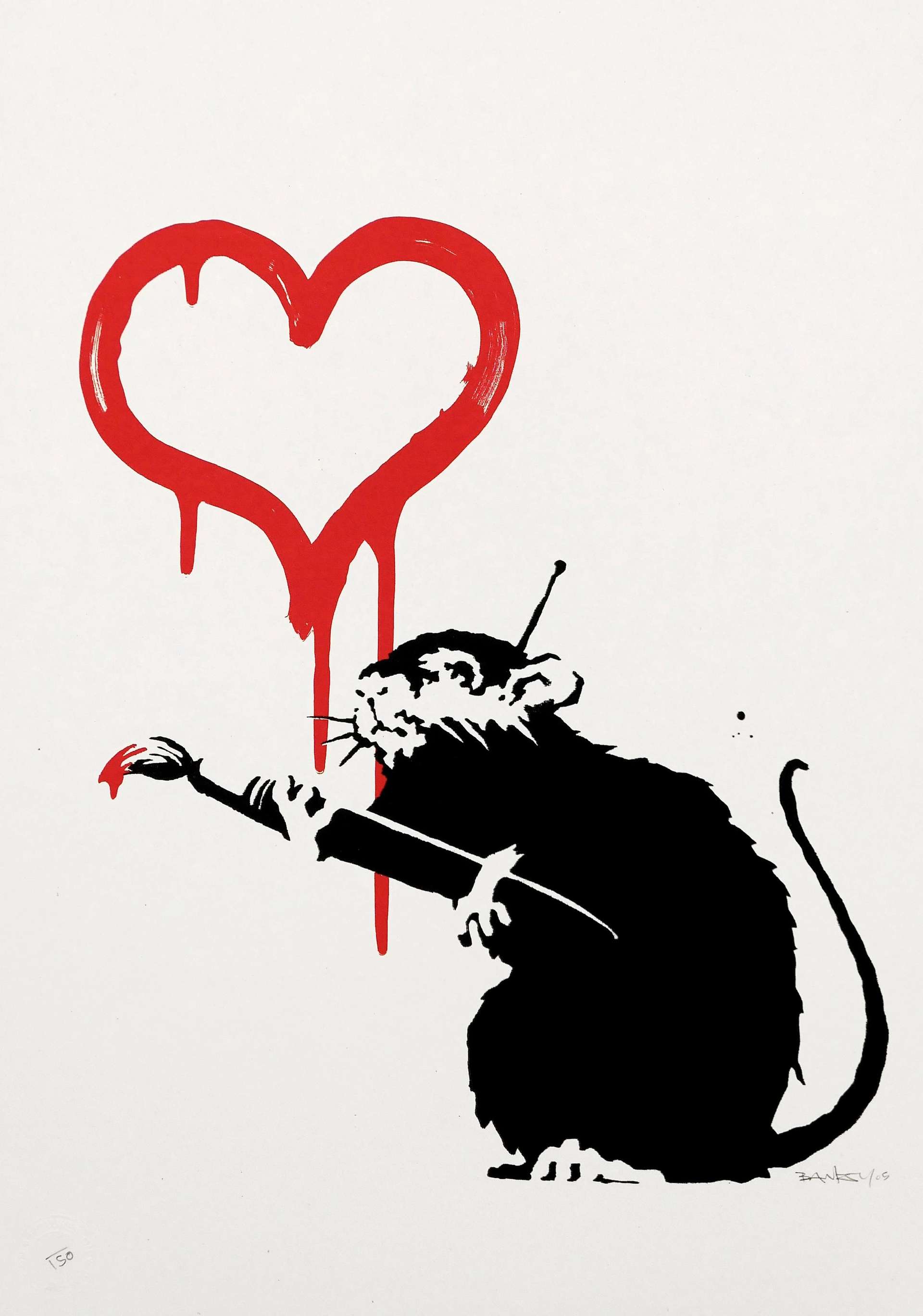 A screenprint by Banksy depicting a black ink rat holding a paintbrush, with a dripping red heart behind it.