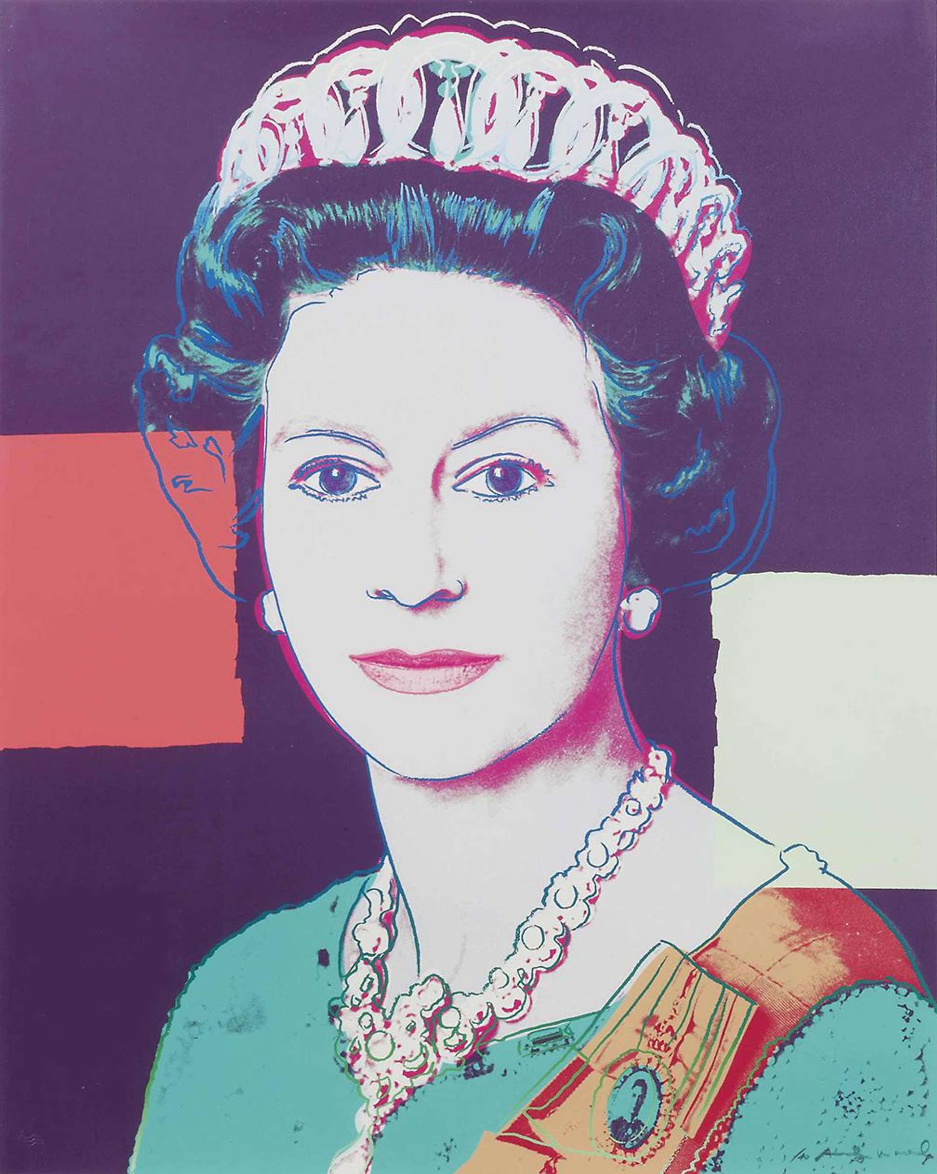 Queen Elizabeth II of the United Kingdom outfitted in royal regalia for her official portrait. Set against an aubergine purple background, with collaged blocks in orange and white reaching towards the Queen's portrait.