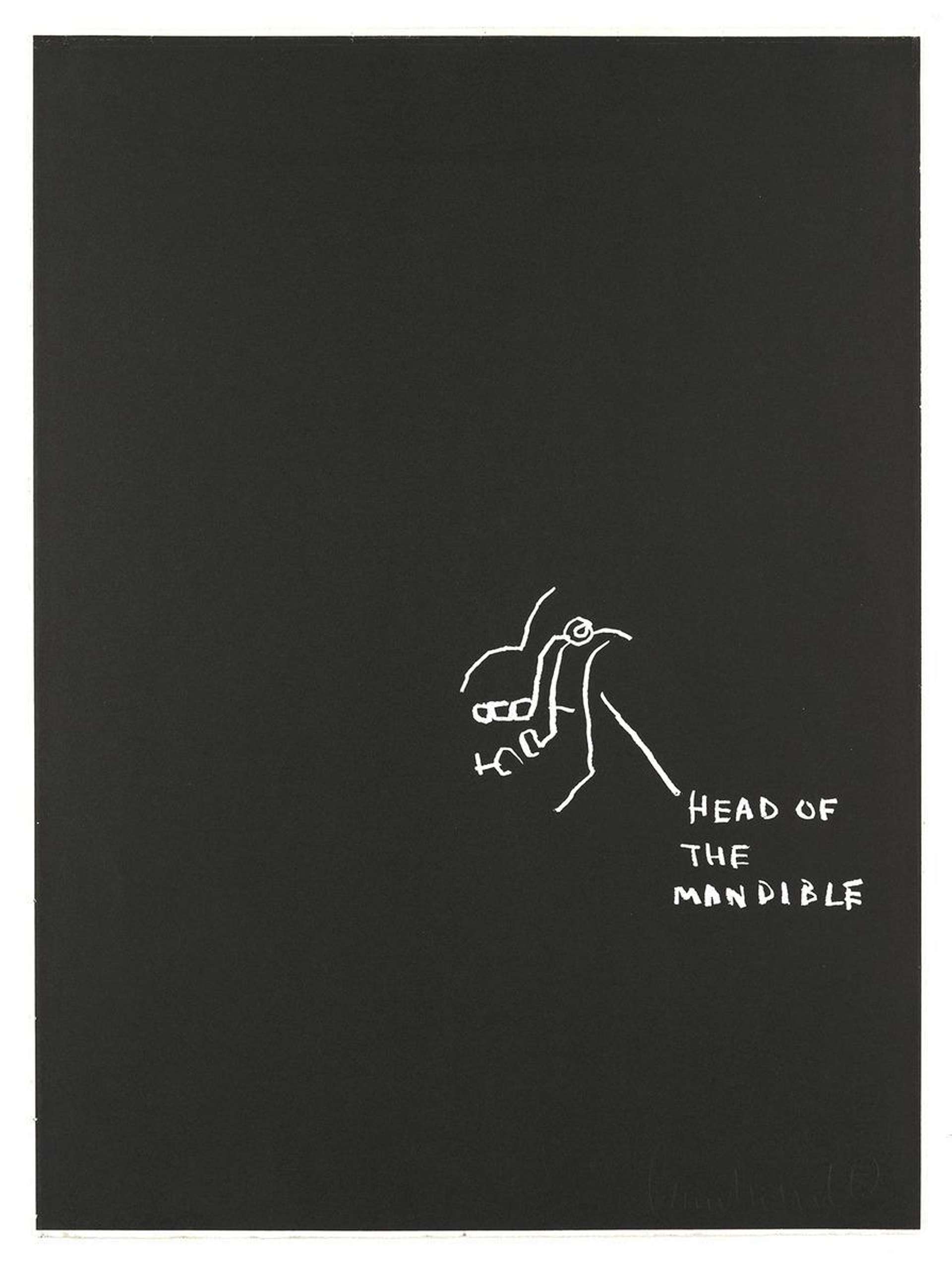 A monochrome print by Basquiat.  The sketch is in white against a black background and done off-centre of the composition, with a single label indicating the ‘head of the mandible’. The depiction of the joint bears great similarity to the copyright sign, which can be seen throughout Basquiat’s oeuvre.