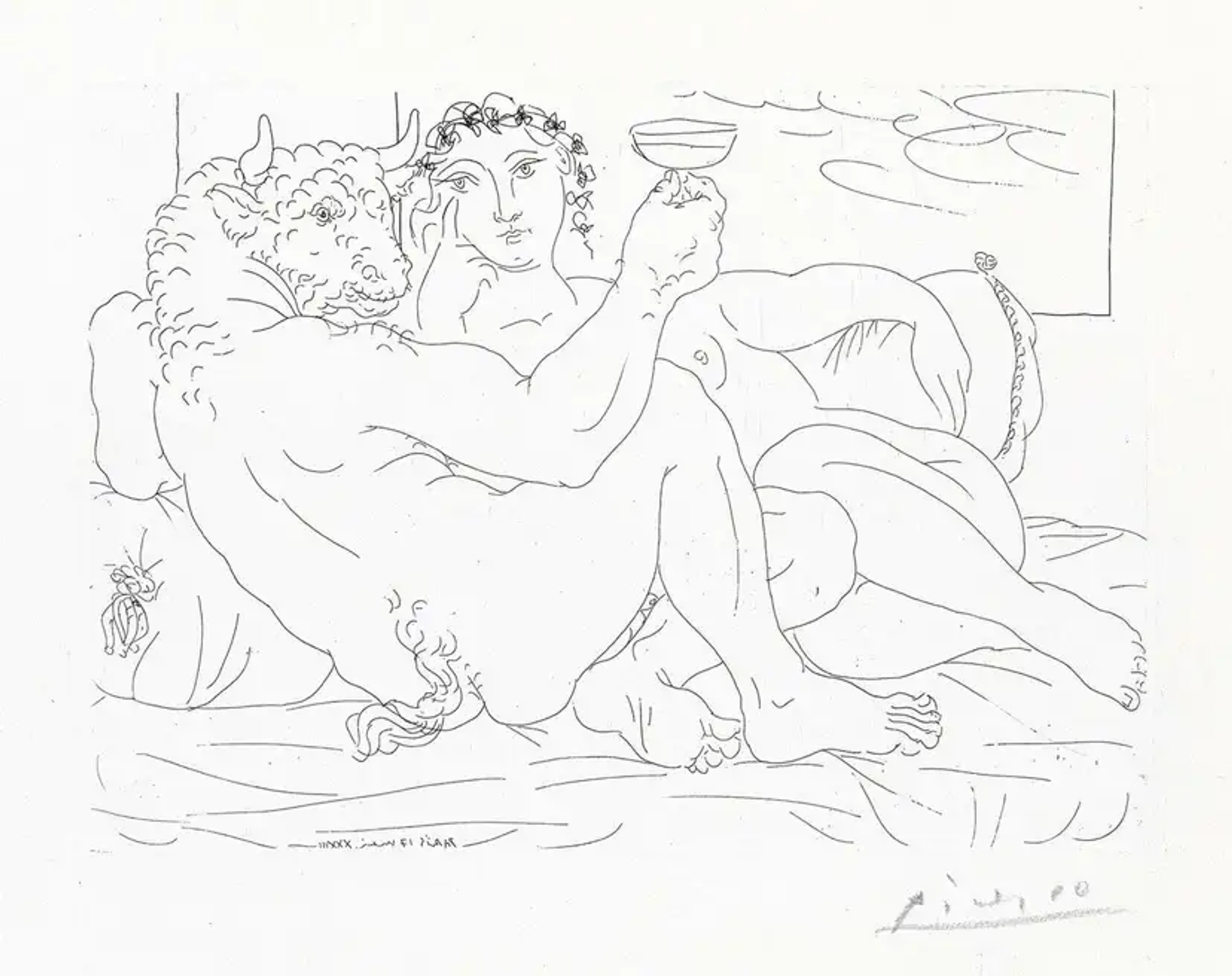 This etching by Picasso shows a minotaur holding a glass of wine, looking at the viewer while a nude female lies next to him in bed and gazes at him.