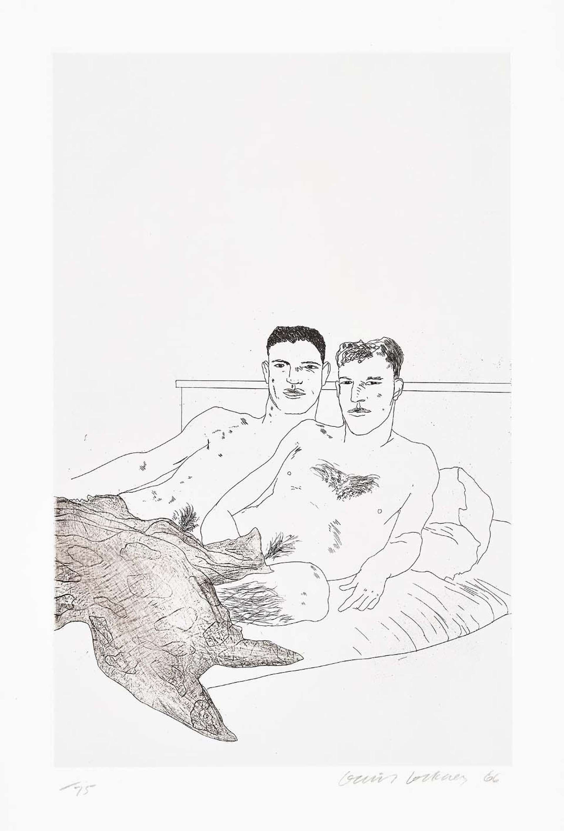 David Hockney’s The Beginning. An etching print of two nude men lying next to each other sitting upright in bed.