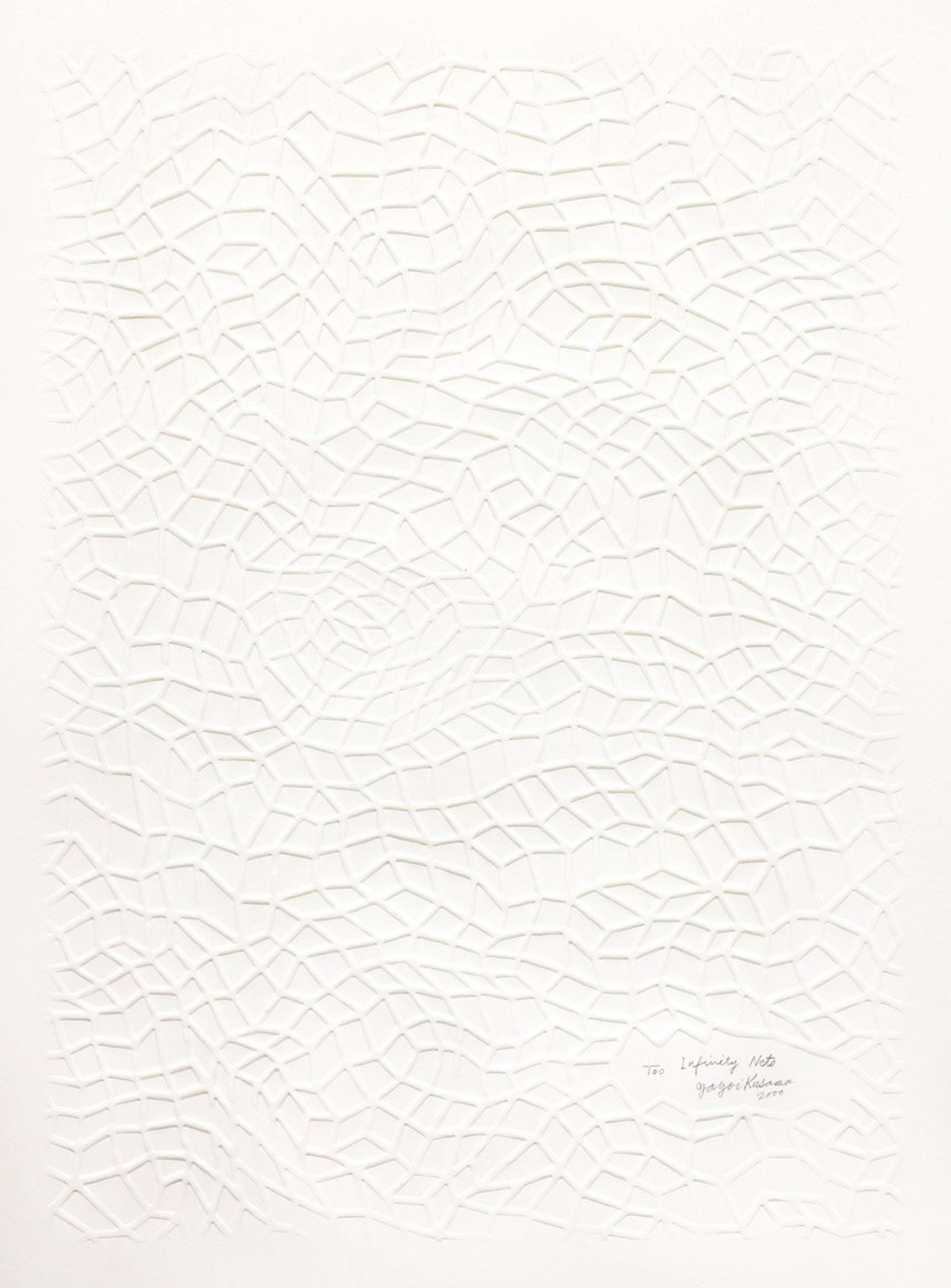 Yayomi Kusama's Infinity Nets, Kusama 297. A screenprint of a white geometric pattern over a white background 