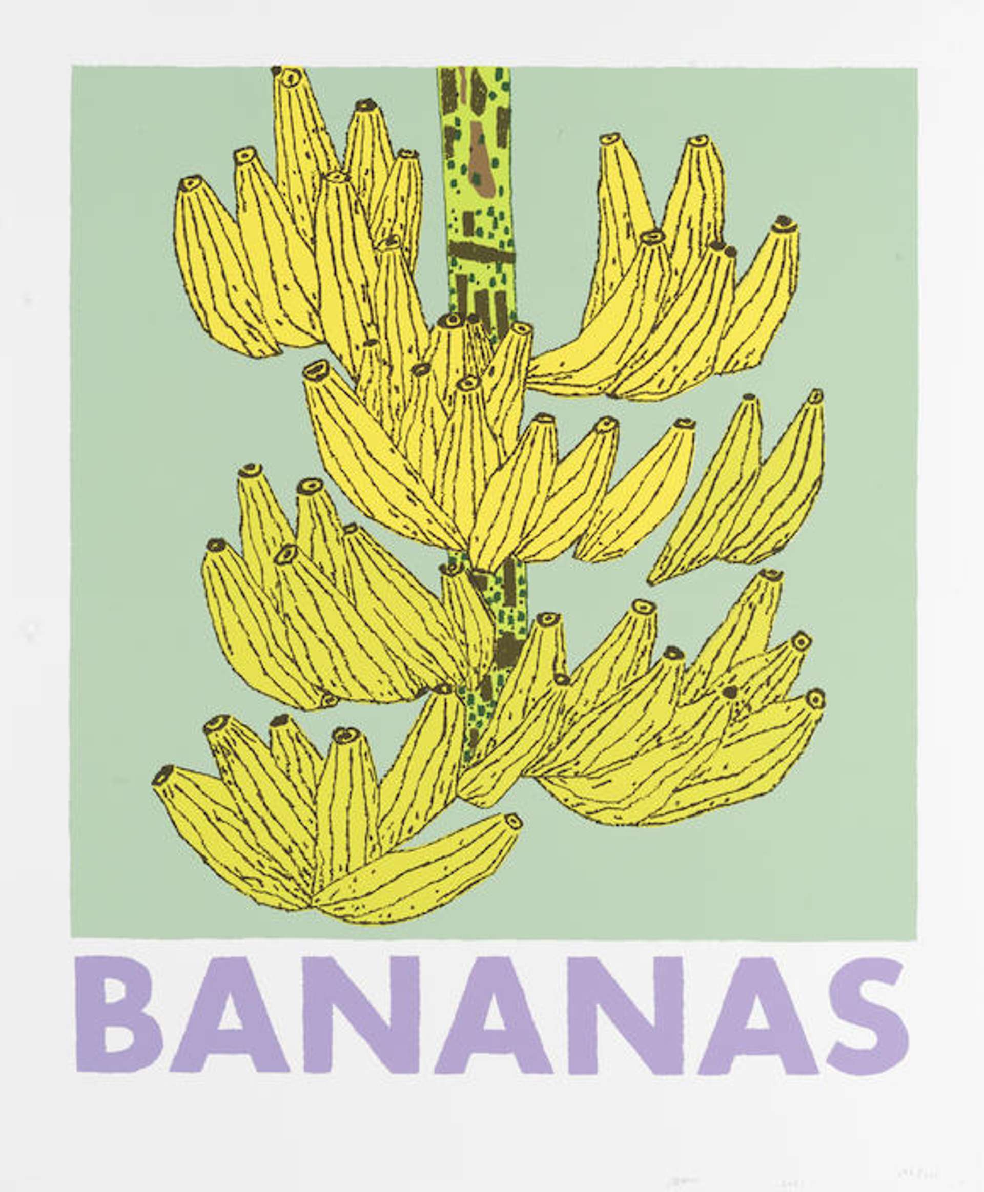 This print shows a banana plant, with several bunches of bananas against a pastel blue background.