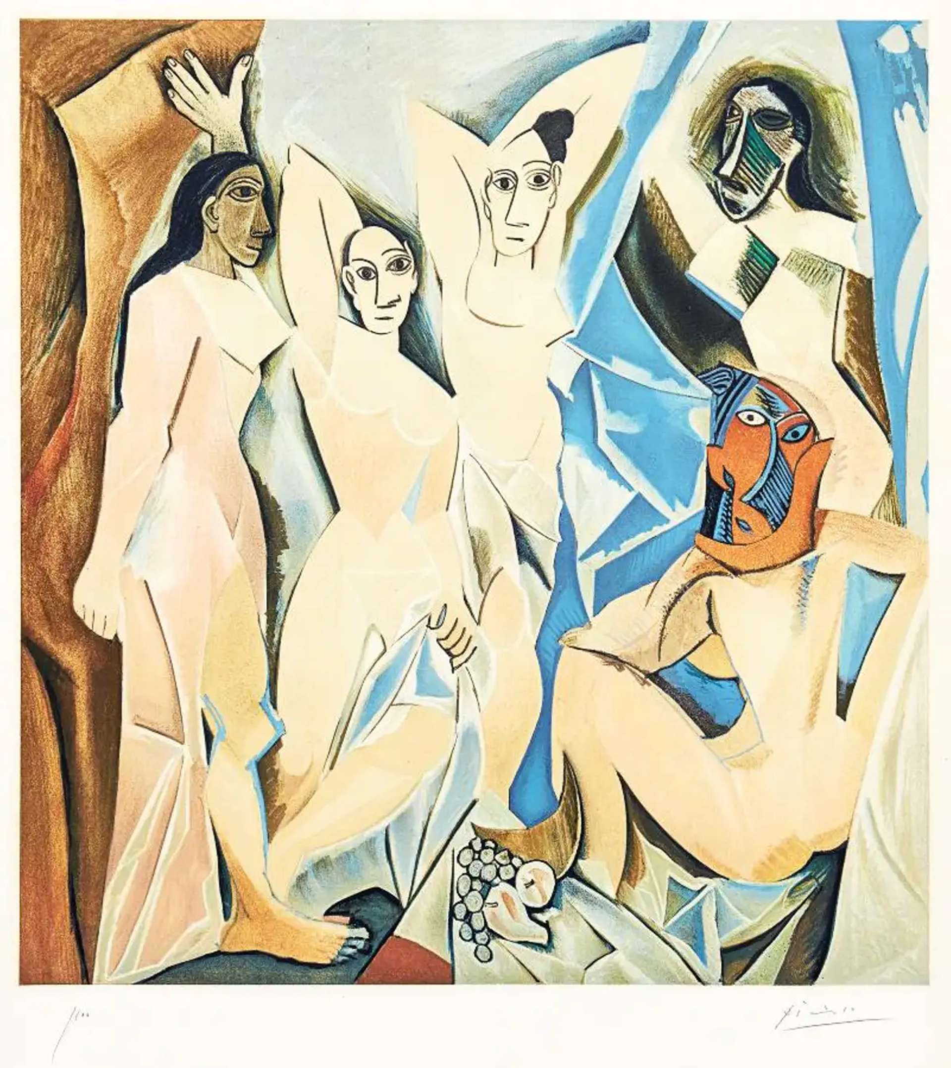Pablo Picasso’s Les Demoiselles Avignon. A lithograph of a Cubist painting depicting five nude women in a room with draped sheets. A bowl of fruit is on the floor in the centre of the women.