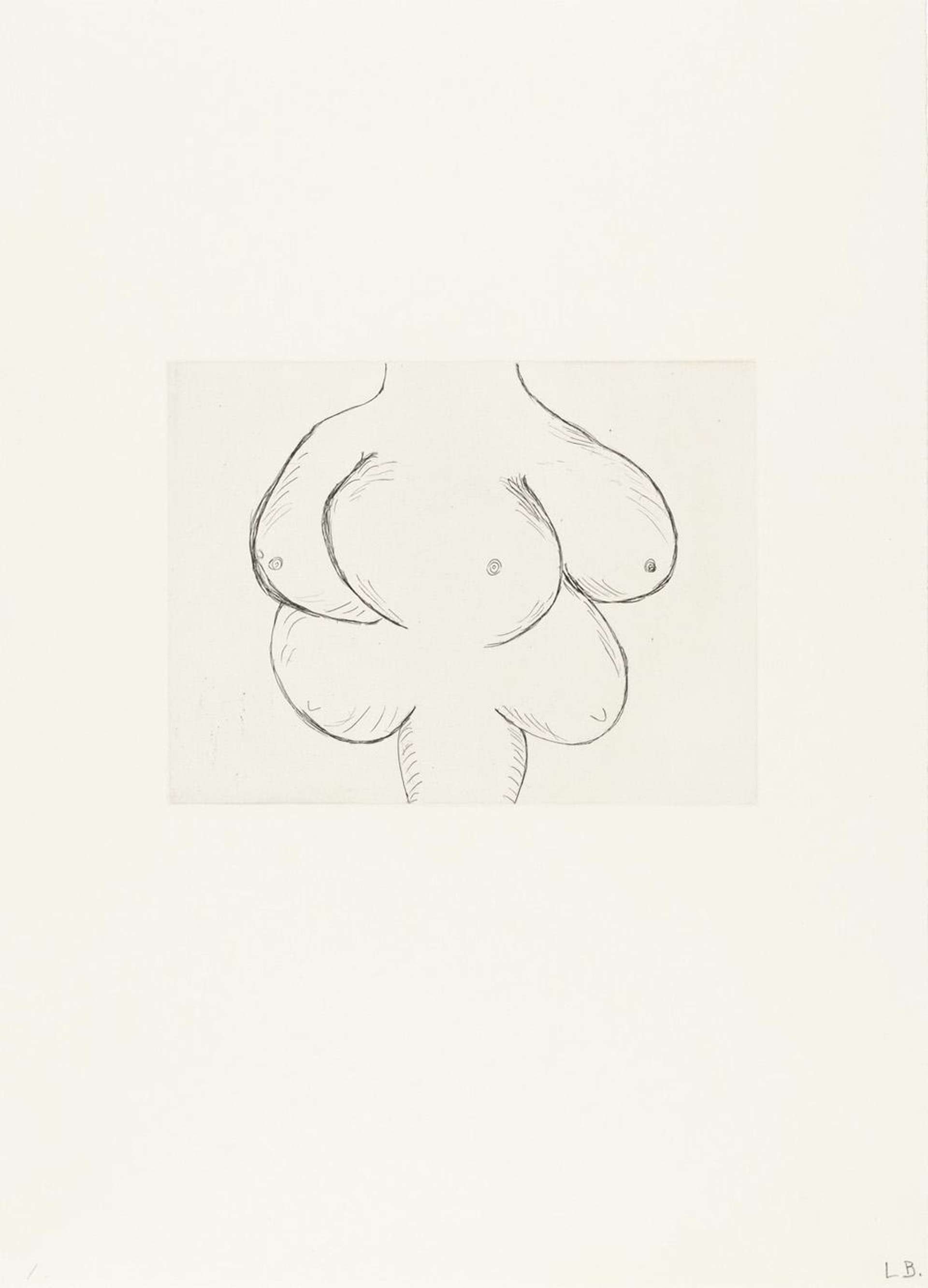 Louise Bourgeois Untitled No. 4. A monochromatic etching of an anatomical depiction of multiple breasts.