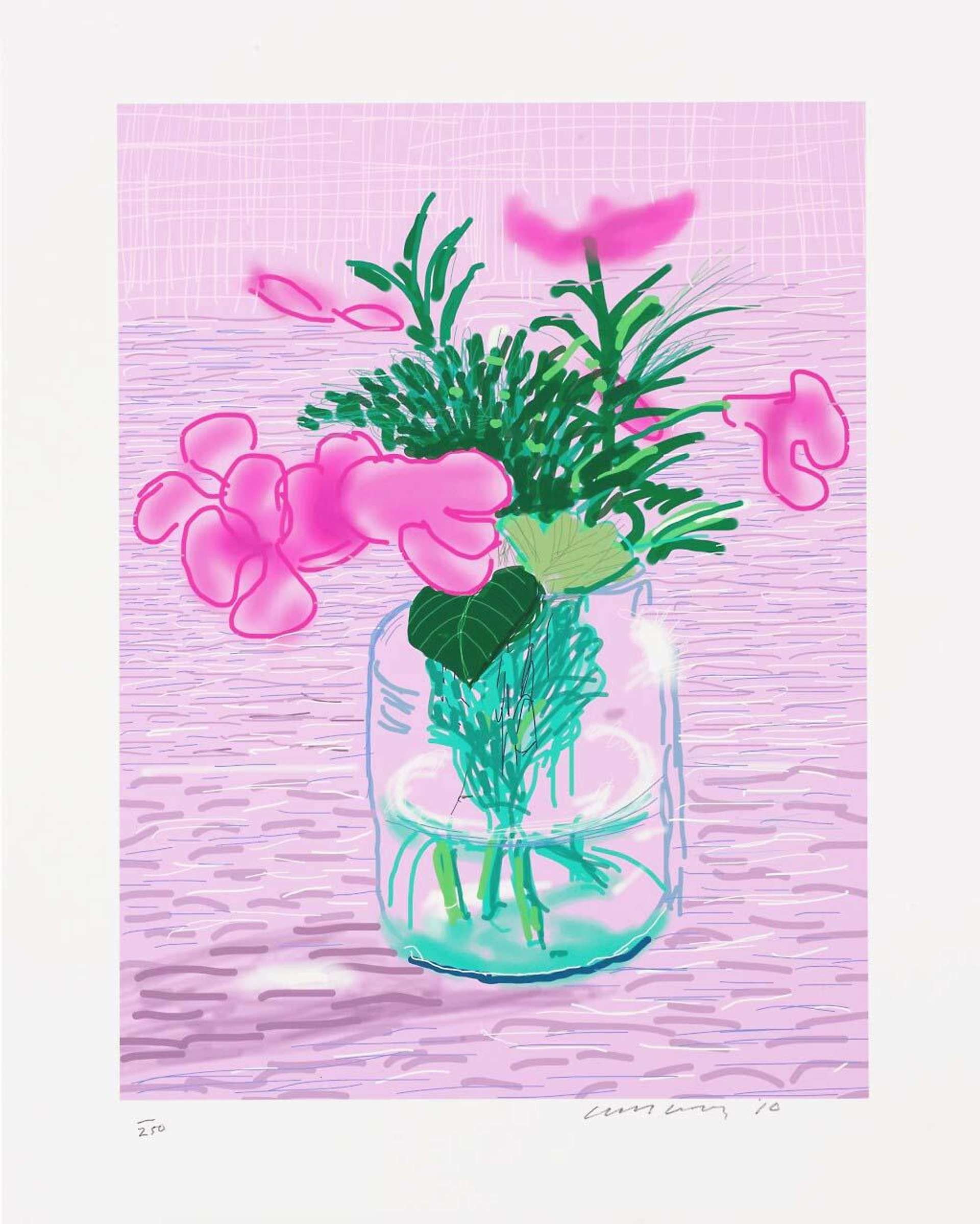 A printed iPad drawing by David Hockney depicting a bouquet of pink flowers and grasses in a small glass vase, set against a pink and lilac background.