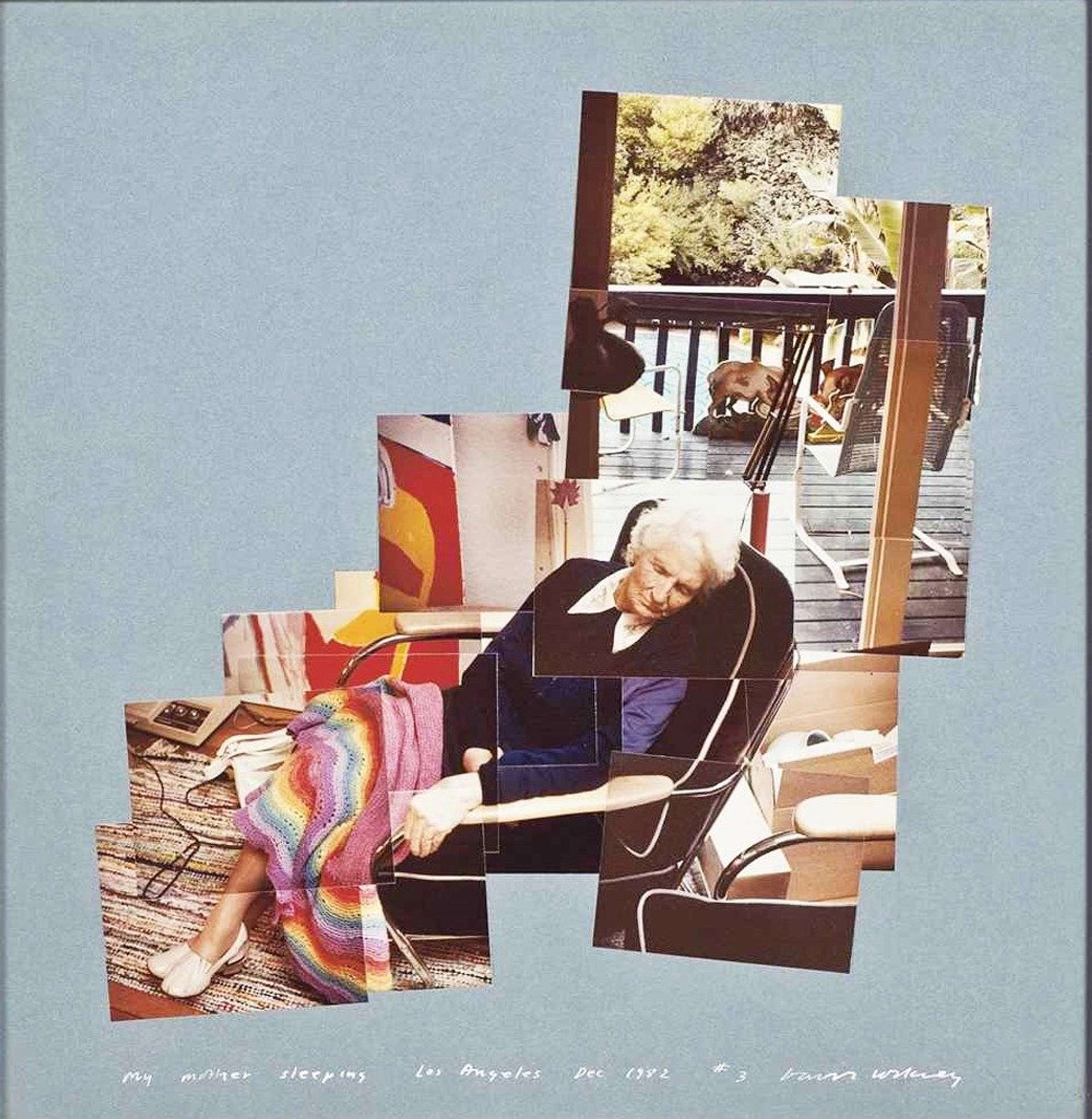 David Hockney’s My Mother Sleeping, Los Angeles. A photographic print of a collage of images. There is an older woman with white hair sleeping in a black chair with a rainbow patterned blanket over her legs. She is in front of her patio. 