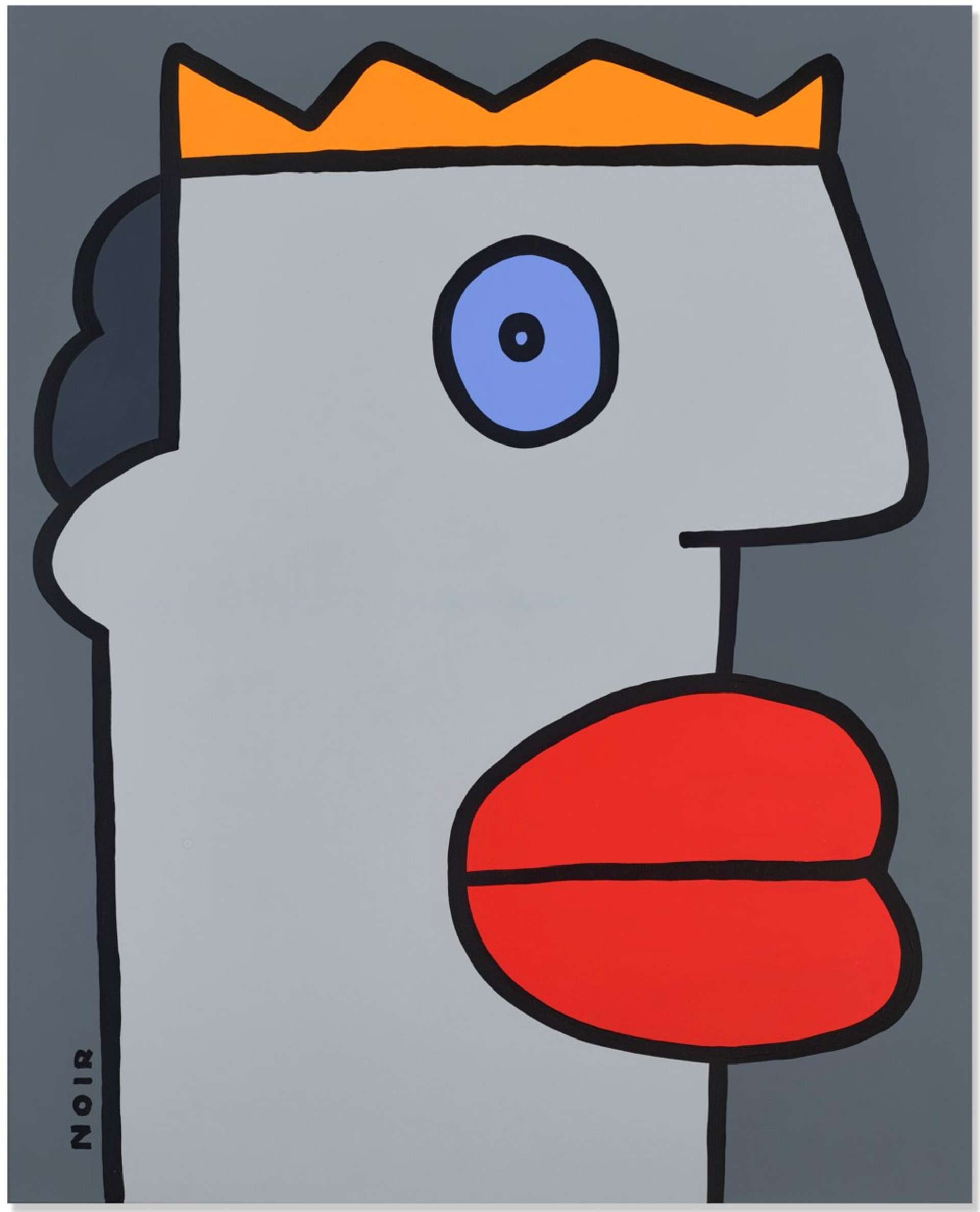  An abstracted palette of greys, red, blue, and orange showcases a bold caricature face drawn in black lines. The side portrait view reveals exaggerated lips in red, an eye in blue, and an orange element that can be interpreted as hair or a crown.
