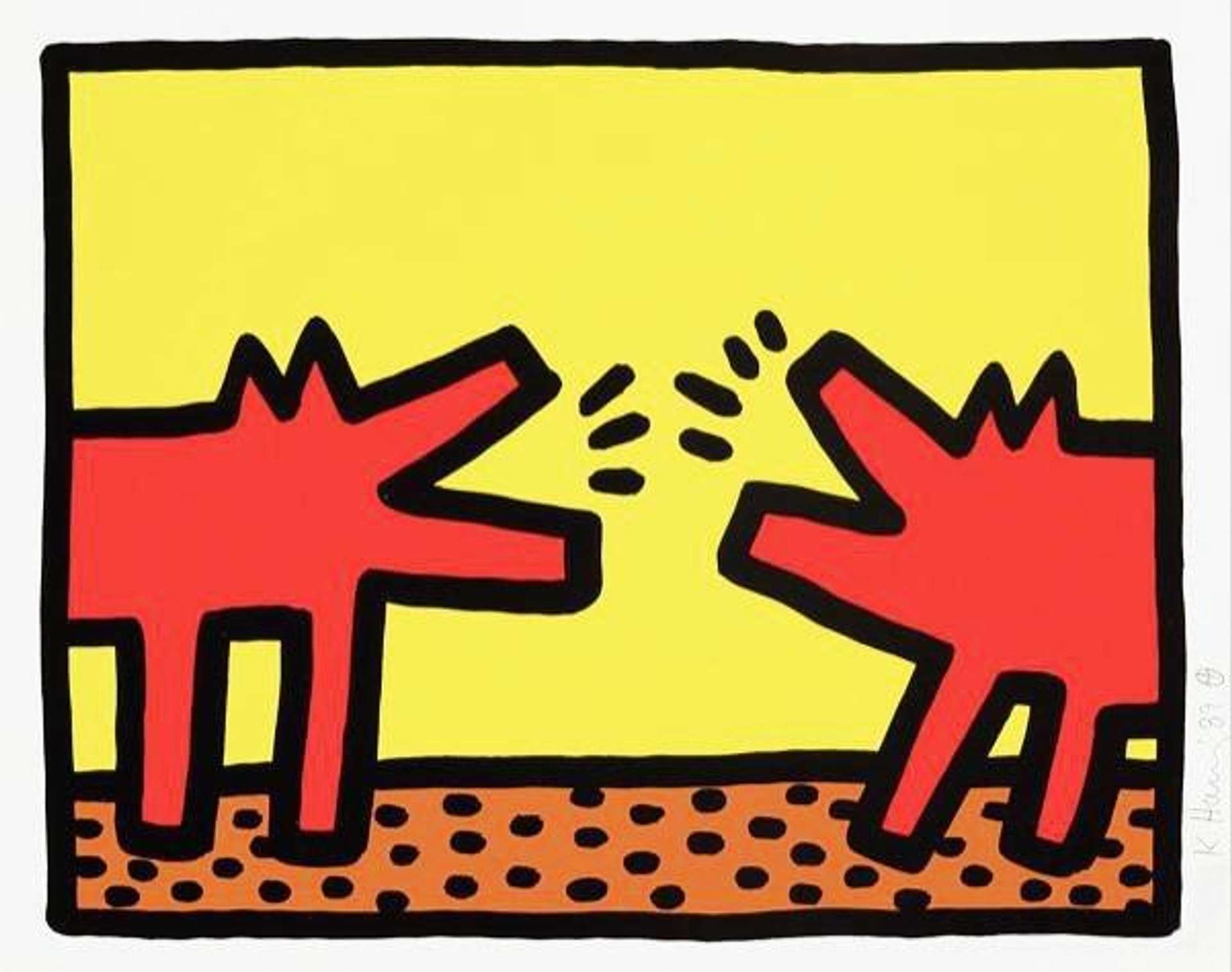 Pop Shop IV, Plate IV by Keith Haring. The print features two simplified red dogs barking against a yellow background.