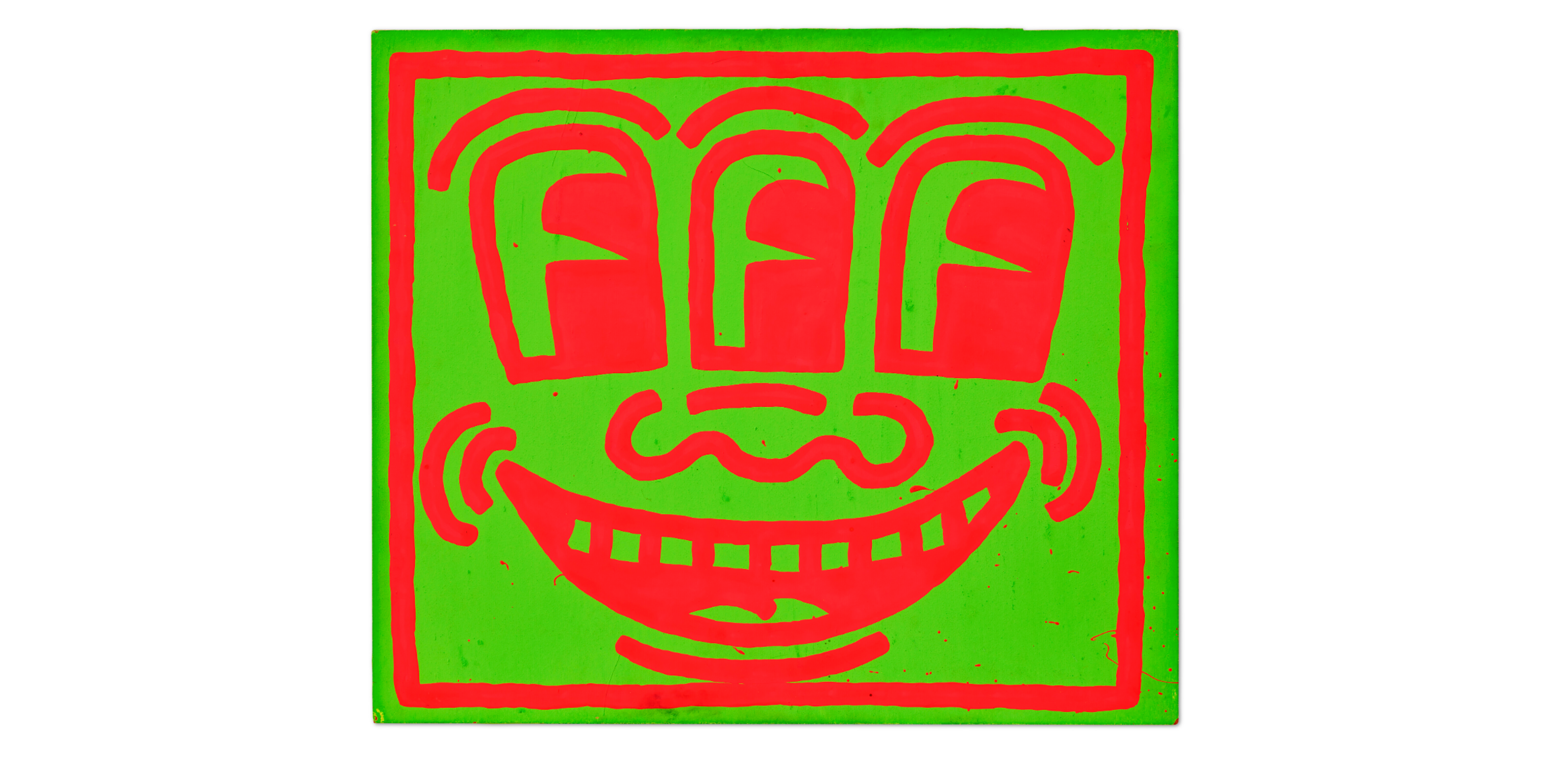 This shows an eager and grinning face with three large eyes looking to the side.It is rendered in flat, saturated colours and thick outlines. Haring’s choice of colour and subject gives this print a garish and jarring quality that emphasises both the playful and grotesque in his work.