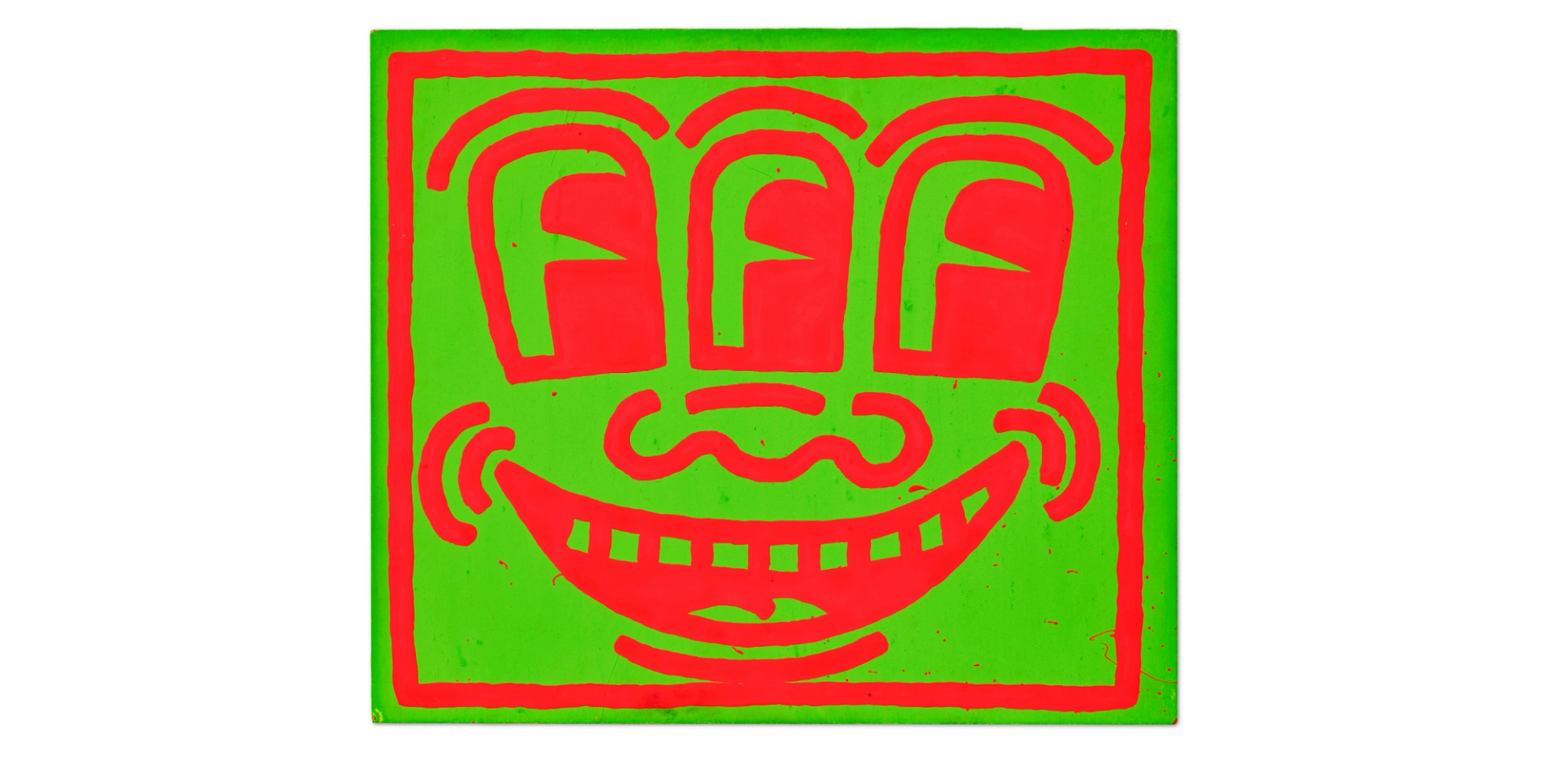 This shows an eager and grinning face with three large eyes looking to the side.It is rendered in flat, saturated colours and thick outlines. Haring’s choice of colour and subject gives this print a garish and jarring quality that emphasises both the playful and grotesque in his work.