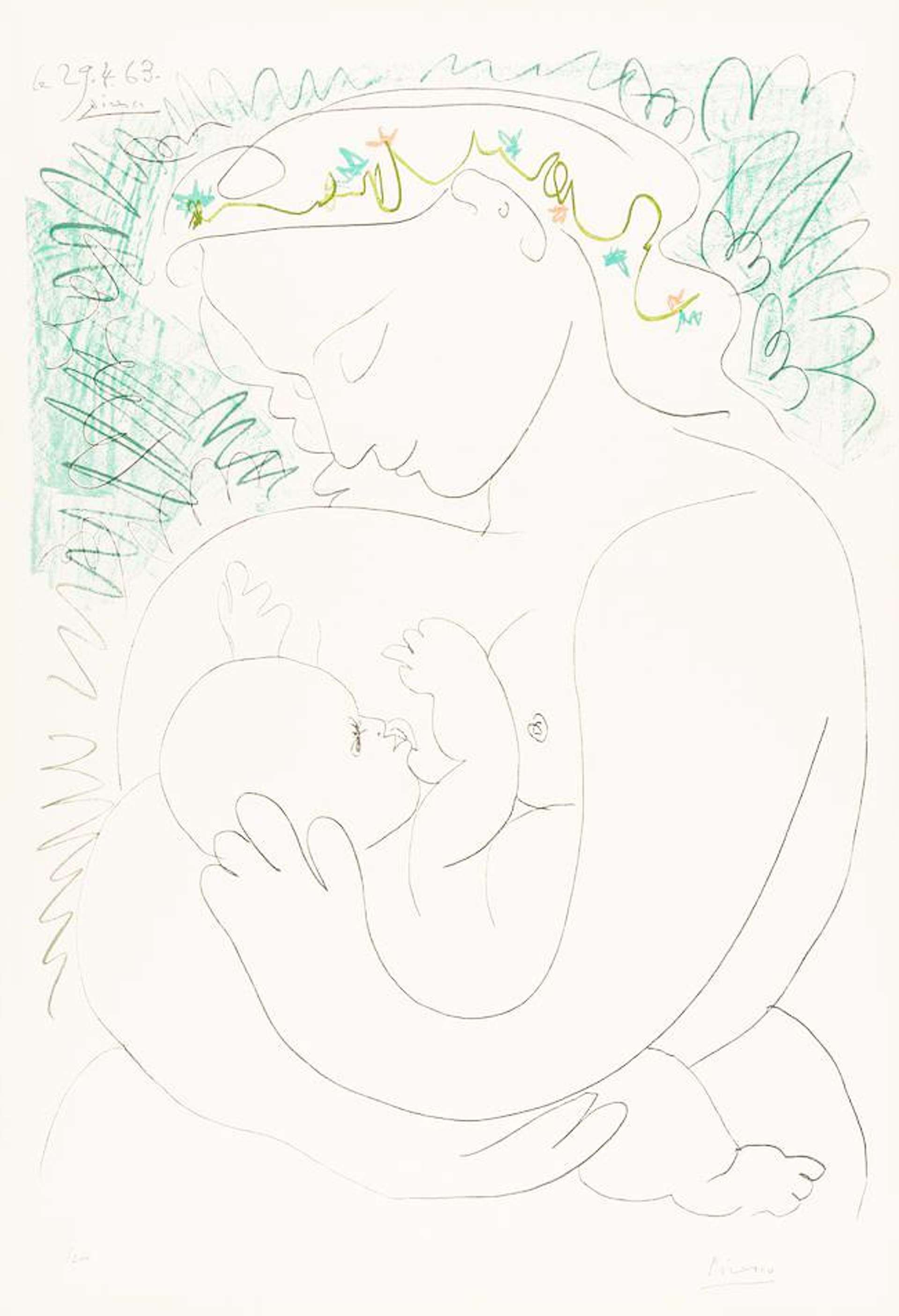 This line drawing shows a mother and young child lovingly embracing, surrounded by green foliage.