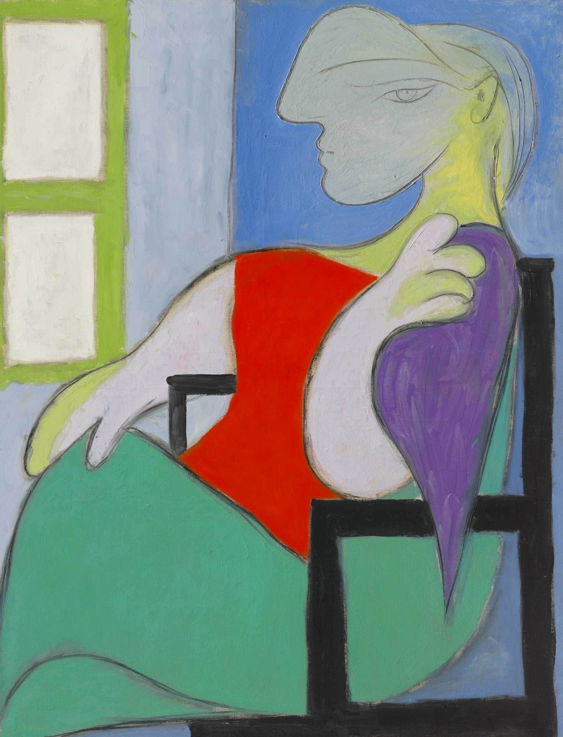 Painting by Pablo Picasso depicting a seated woman. The figure is deconstructed into simple curvaceous forms. She is wearing red and green clothing, and is sat on a black chair, by a window, against a blue and grey background.