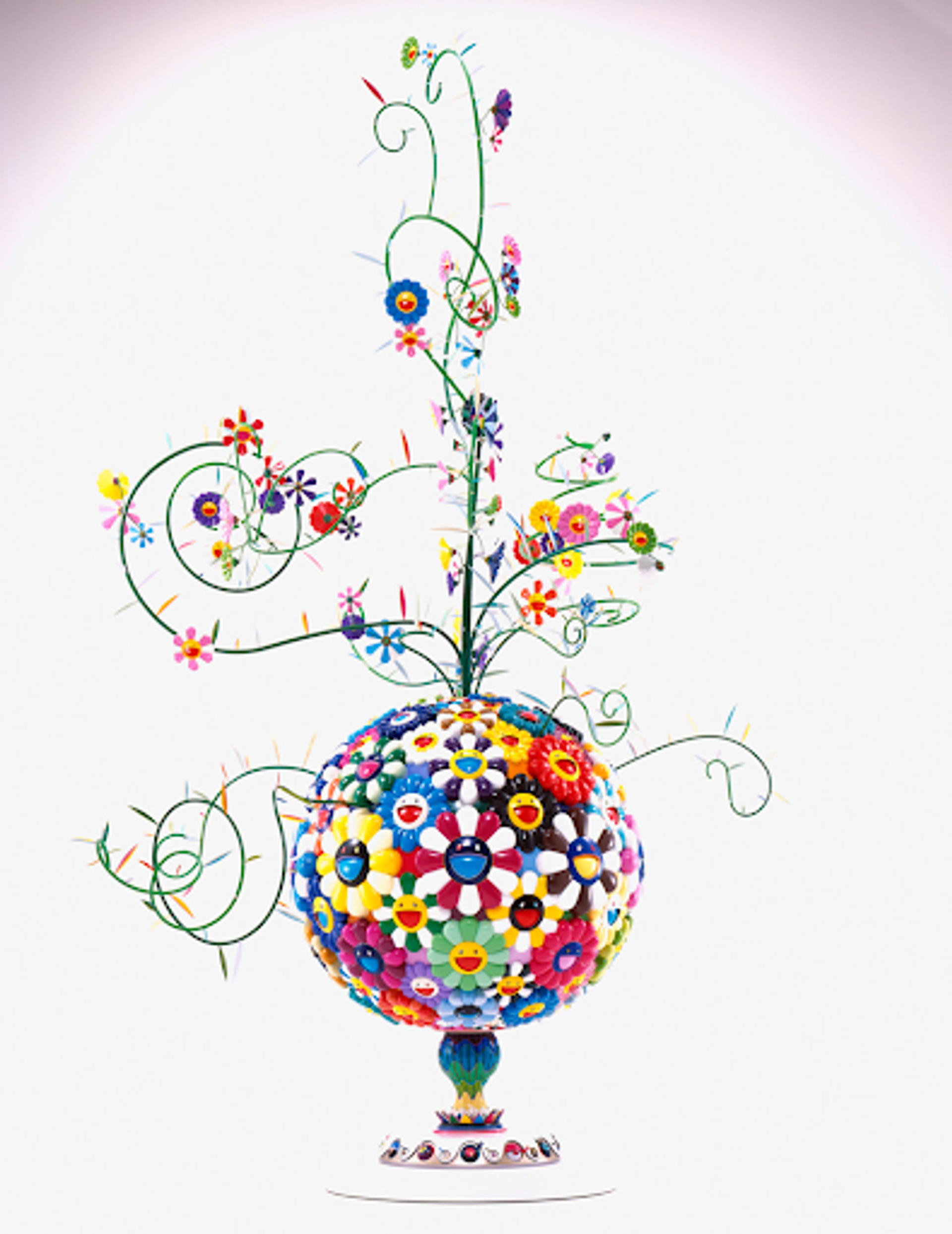 Takashi Murkami’s Flower Matango (b). A multicoloured fibreglass sculpture of flowers with smiling faces.