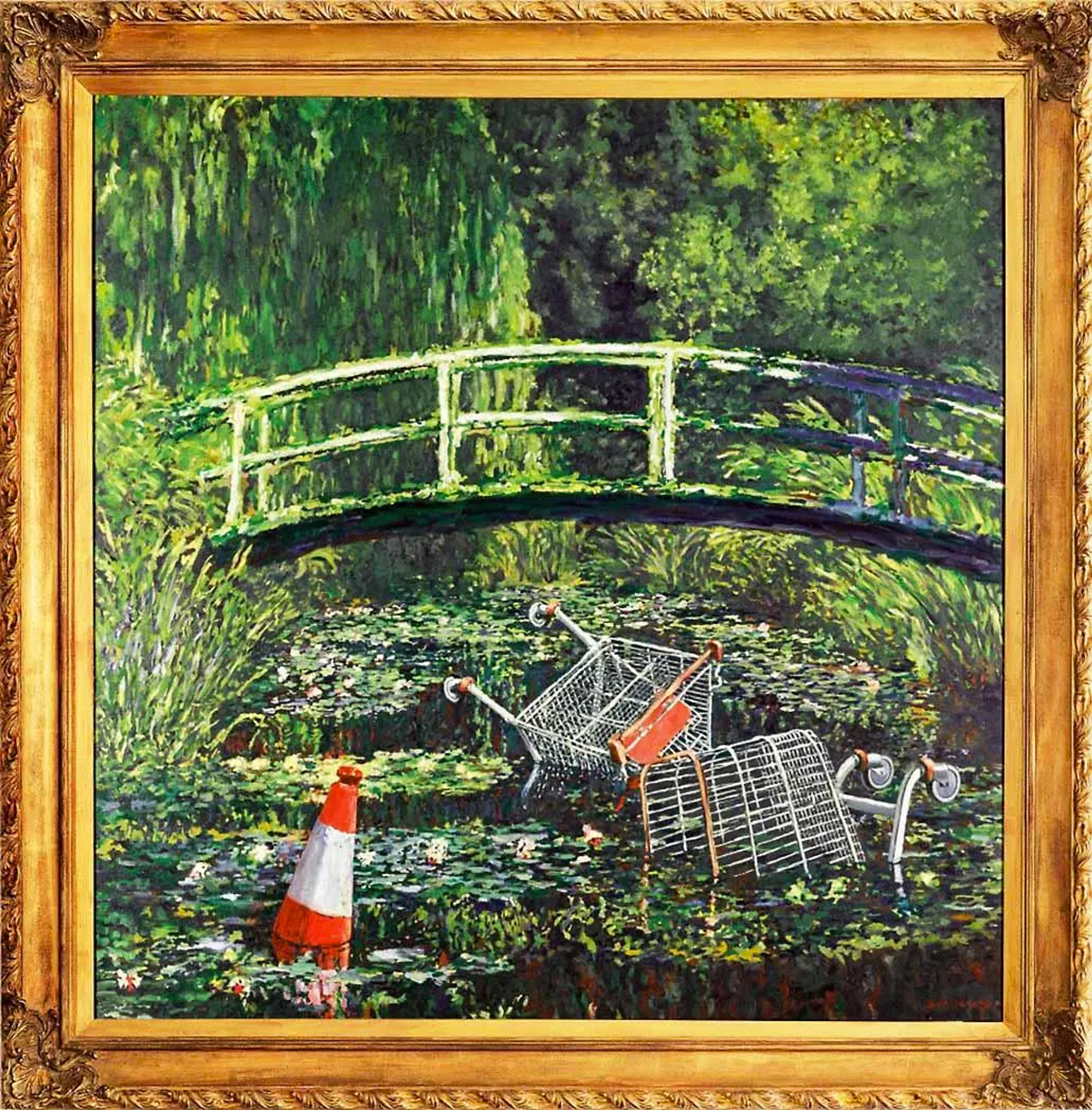 This work by Banksy shows Monet's iconic Japanese Bridge at Giverny, interrupted by two shopping trolleys and traffic cone tossed in the pond.