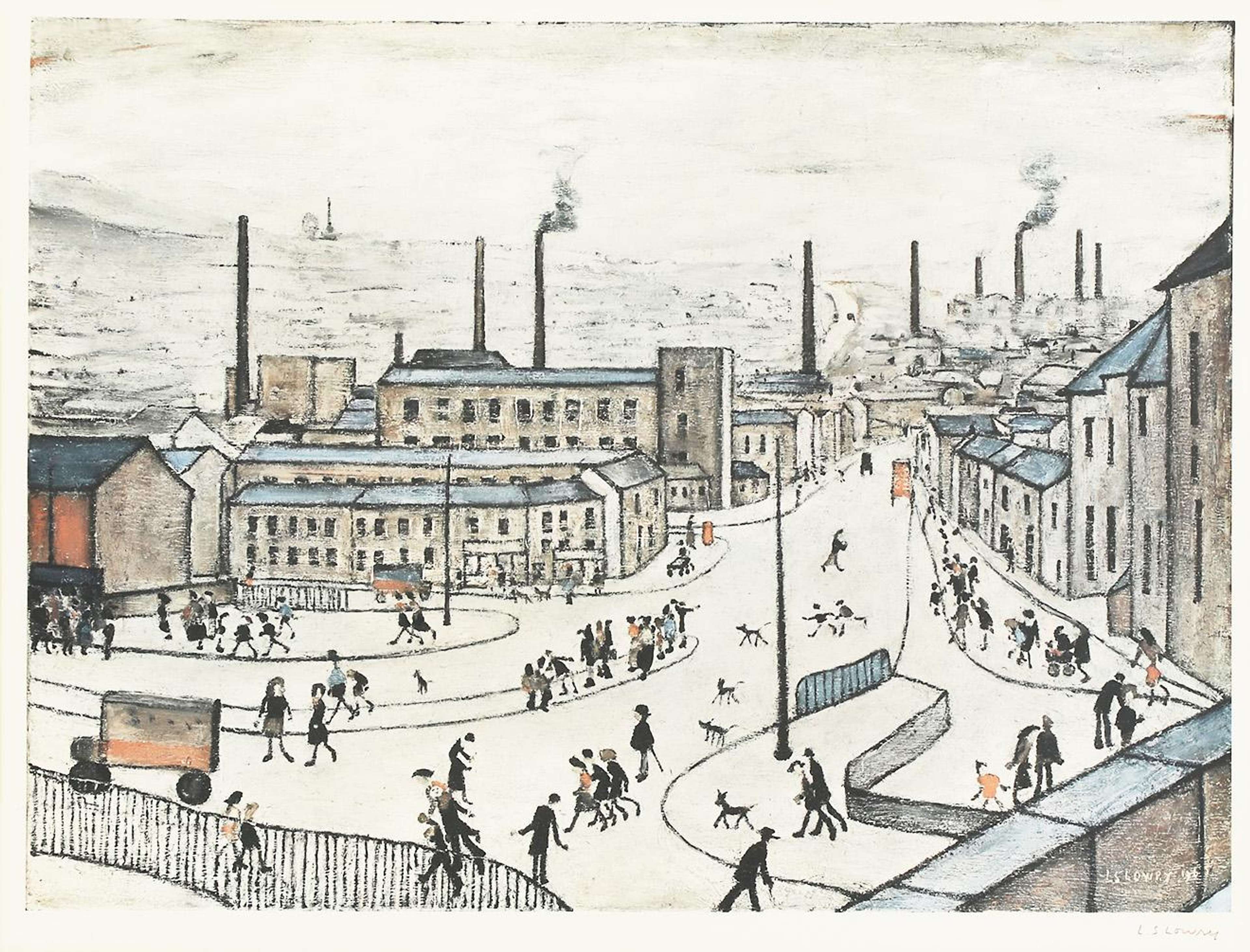 L.S. Lowry's Huddersfield.  Landscape view of English town featuring people walking in he busy street among factory buildings