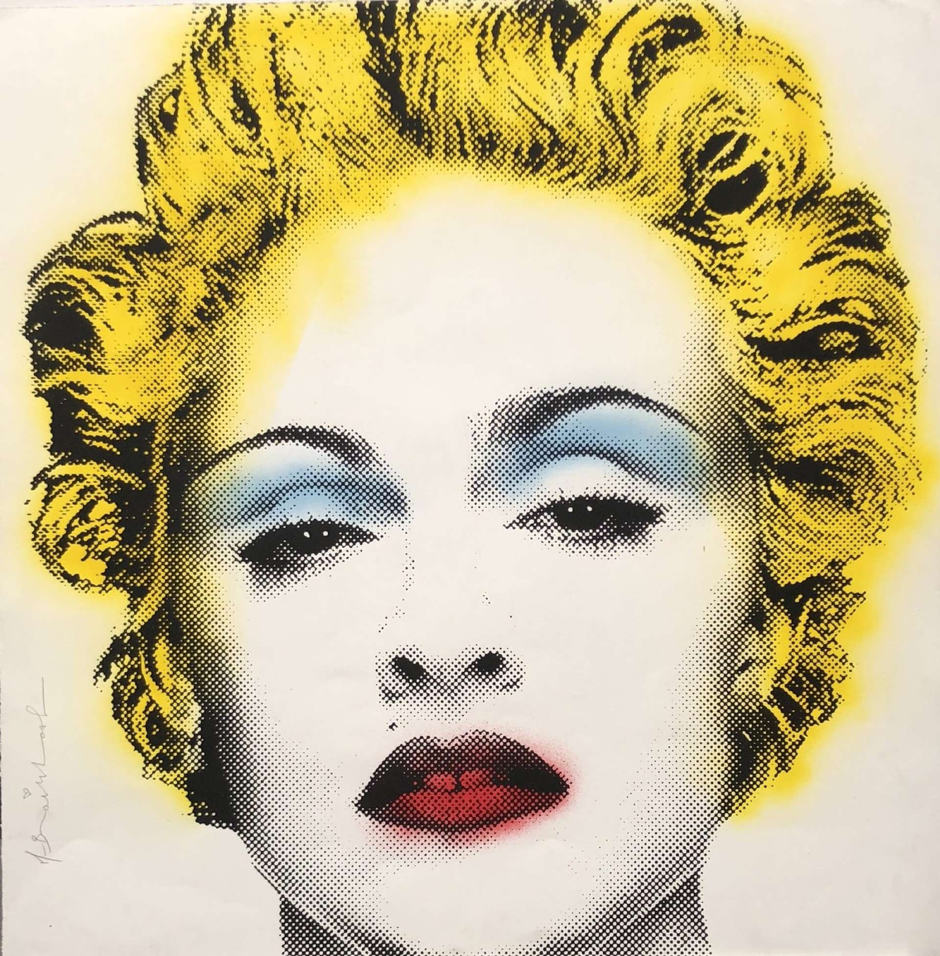 An image of the print Madonna by Mr. Brainwash, showing a graphic style close-up of the singer Madonna, stylised in a similar manner as Andy Warhol’s series of Marilyns. She is looking directly at the viewer, wearing red lipstick and blue eyeshadow and her hair is dyed bright yellow.