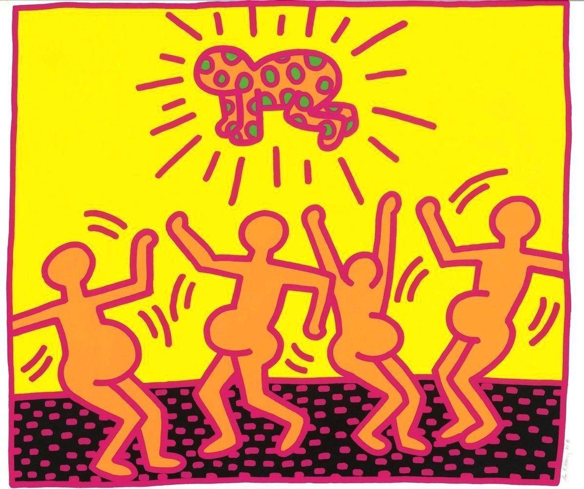Fertility 1 by Keith Haring.  On a yellow background, the image shows four pregnant figures dancing below a baby apparition.