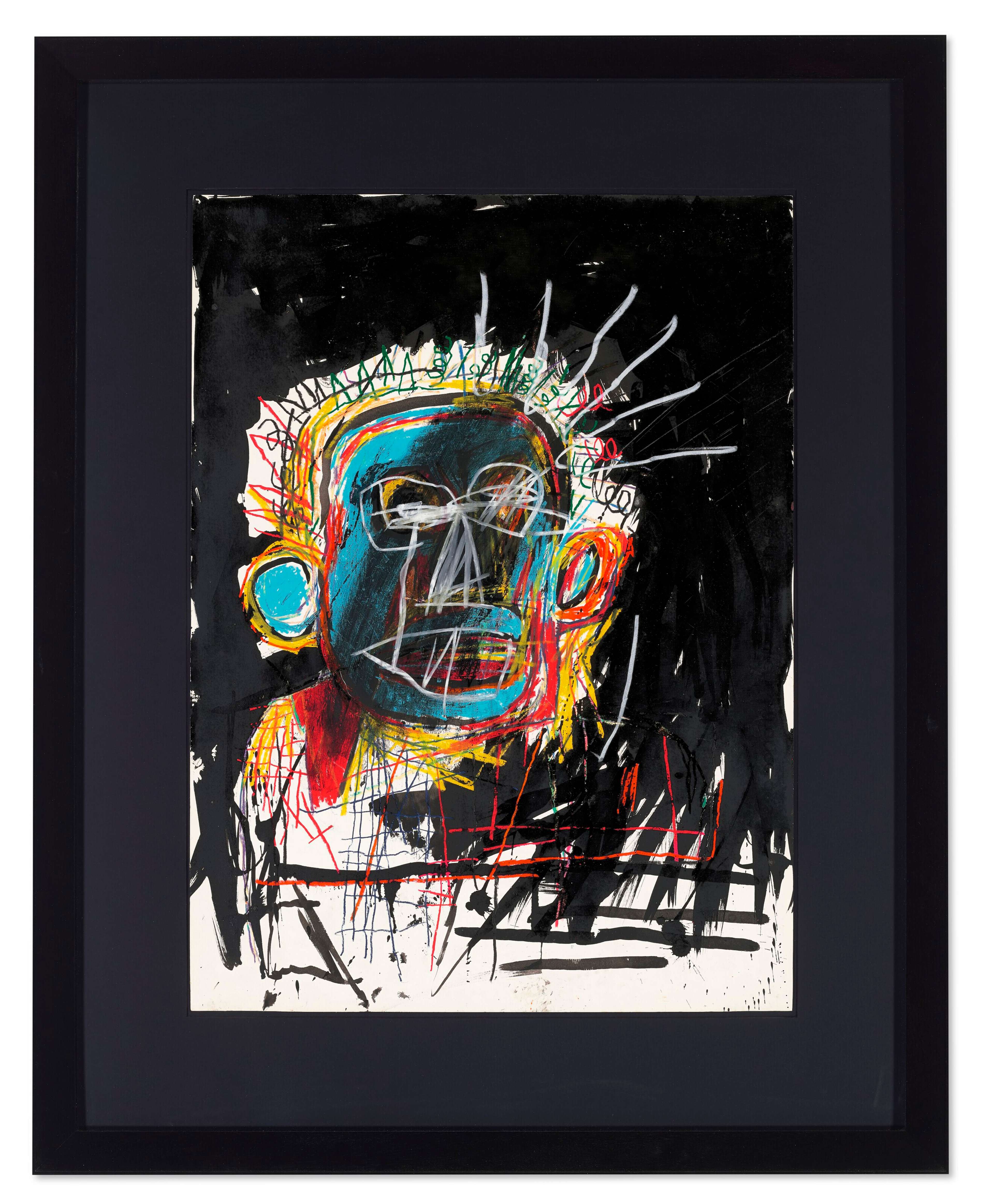 An image depicting an abstract head made up of layers of colours lines and brush strokes, against a black painted background. 