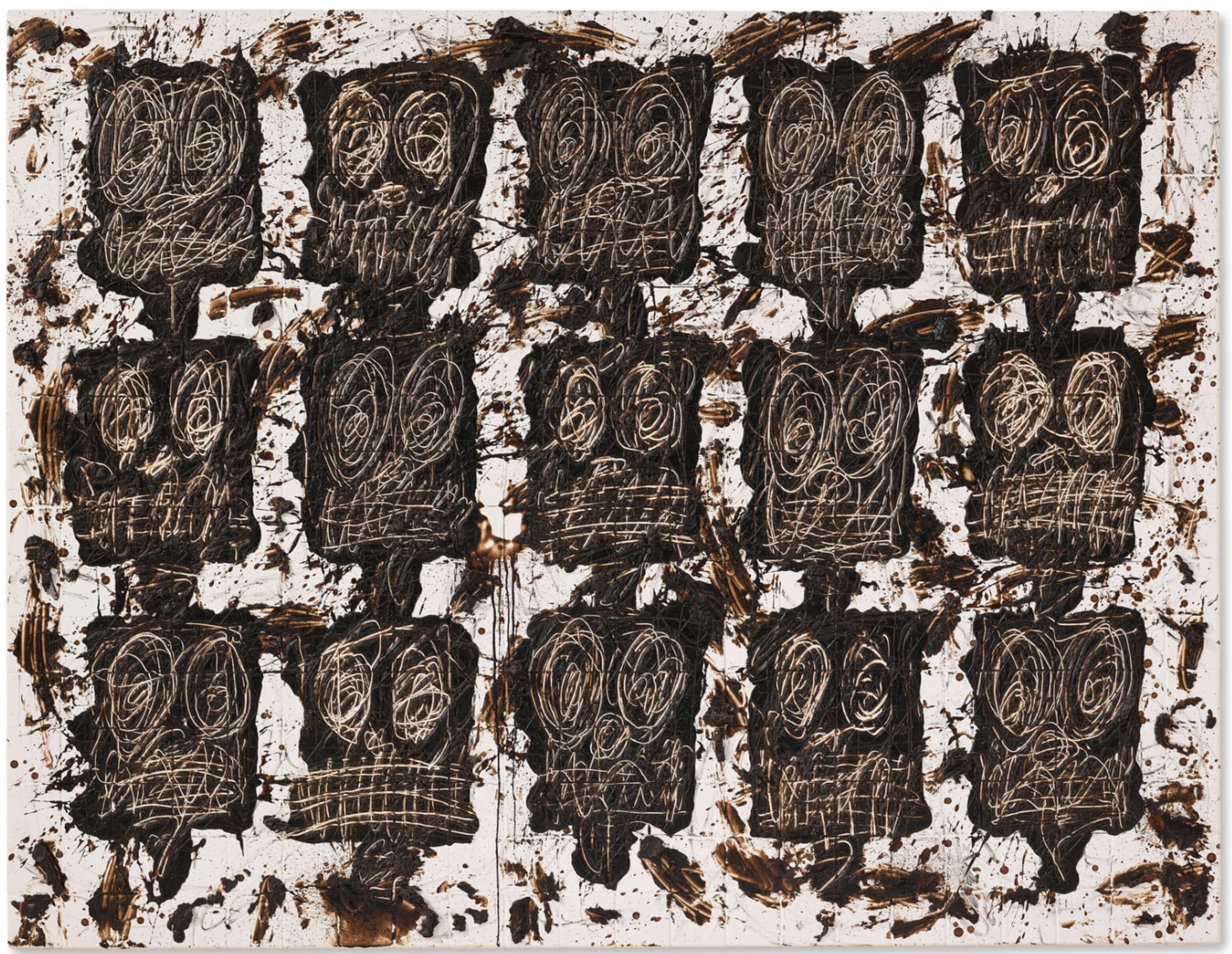 An artwork by Rashid Johnson presenting box-like faces formed from textured black soap and wax, with distinct scribbled features including eyes and expressive, abstracted grimaces. The faces are arranged in a grid-like pattern, consisting of five columns and three rows. They are set against a white canvas that bears splatters of the black soap and wax.