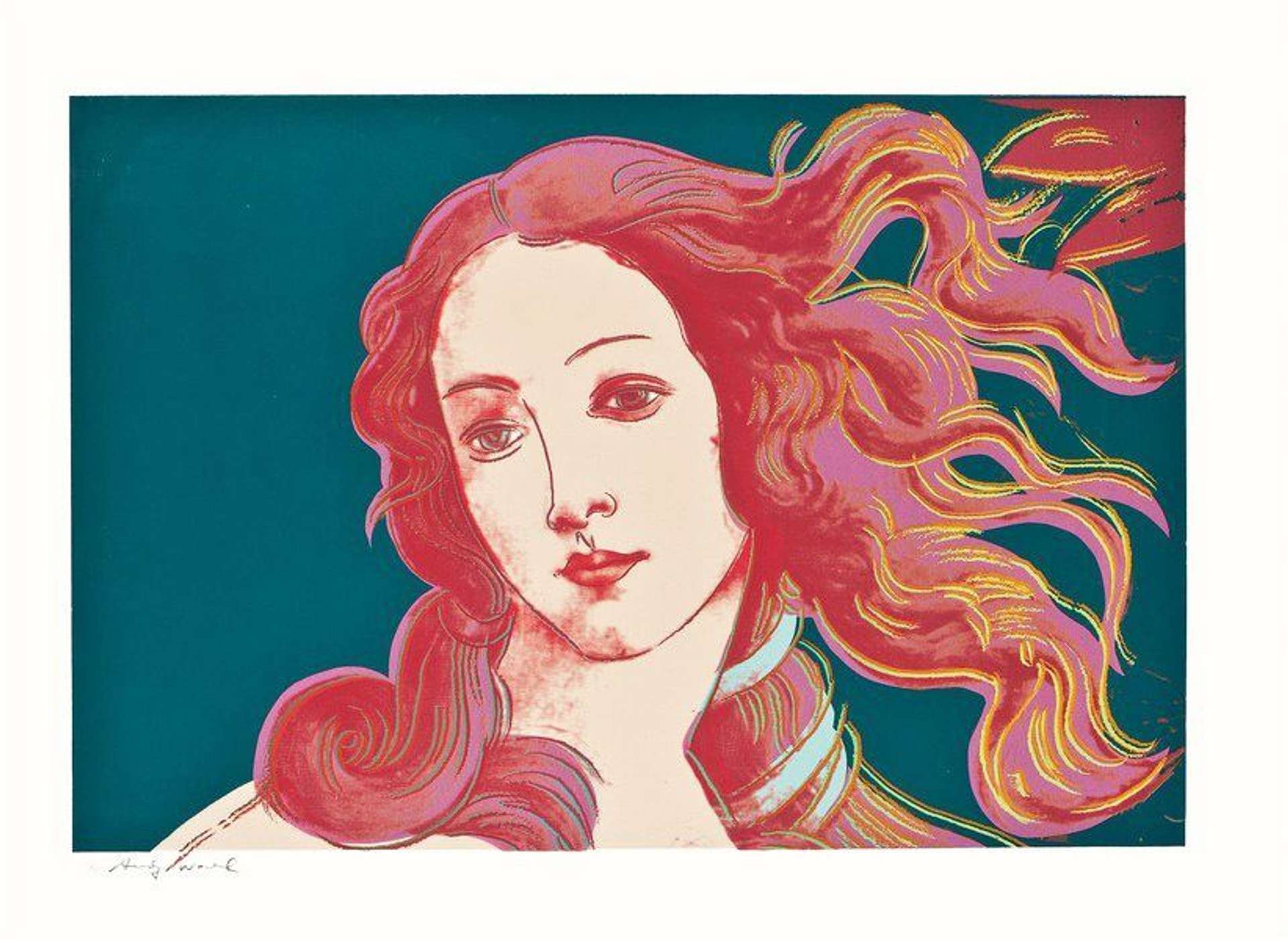 A screenprint by Andy Warhol, featuring an adaptation of Botticelli's ”The Birth of Venus.’’ The image focuses on the woman's head, slightly tilted, with flowing hair. The face is rendered in various shades of pink against a deep turquoise background.