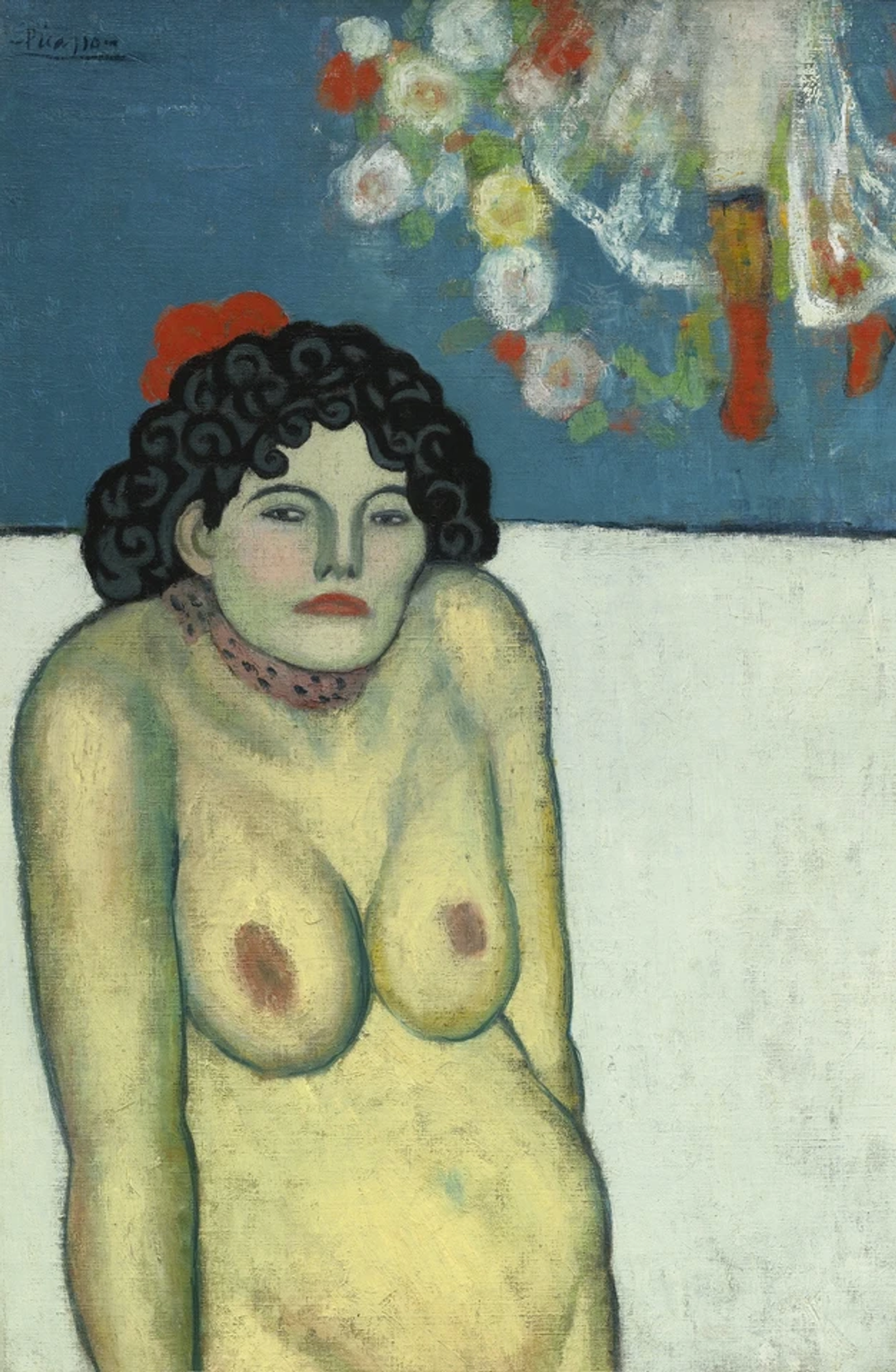 Painted portrait by Pablo Picasso depicting a nude woman in a hunched position, standing in front of a greyish white and muted blue background.