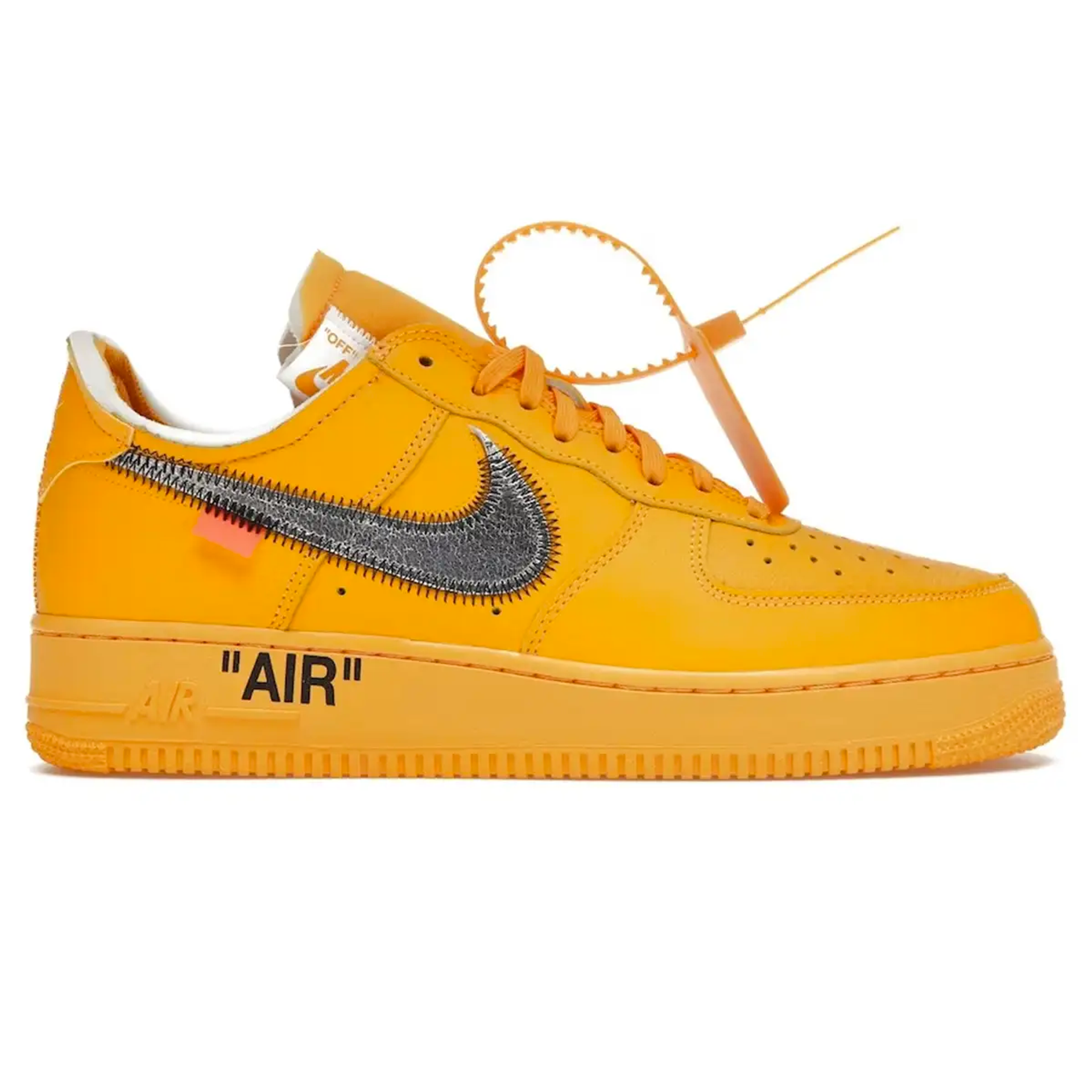 An image of a single bright orange Nike sneaker, with the word "AIR" emblazoned on the sole.