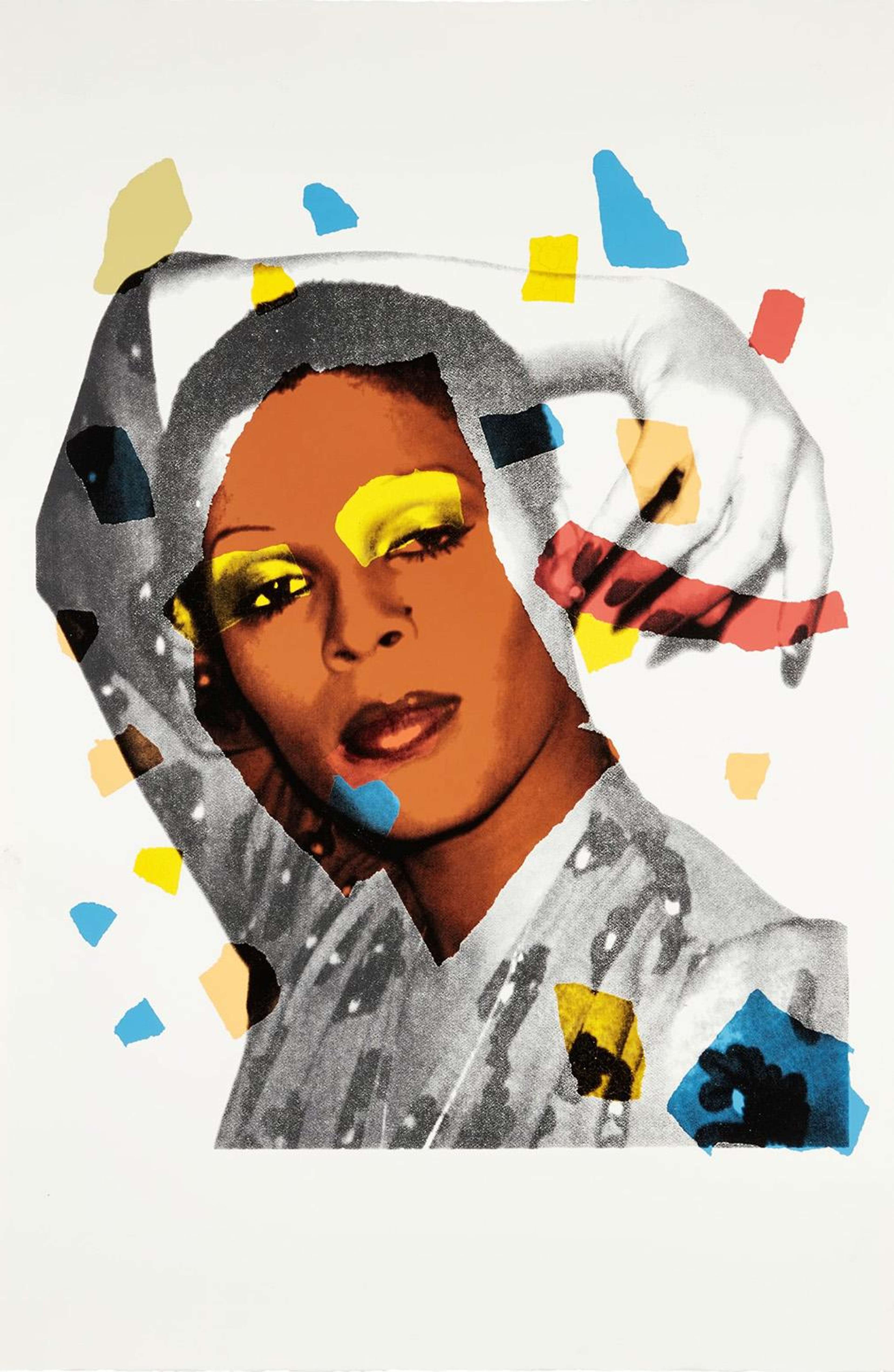 A screenprint depicting a black woman in black ink against a white background, with collaged fragments of yellow, blue, red, and brown.